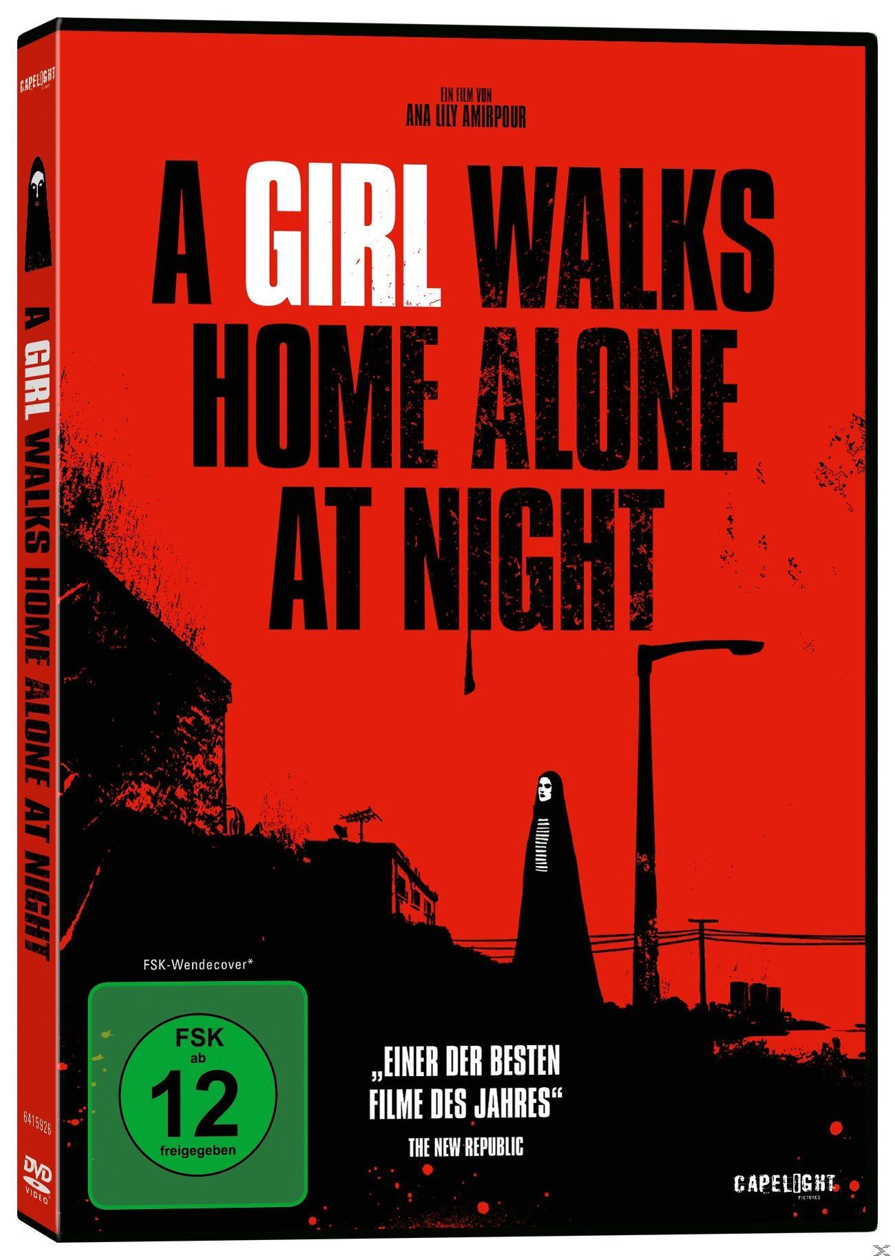 DVD-Cover. Roter Hintergrund, Text: A Girl Walks Home Alone At Night.