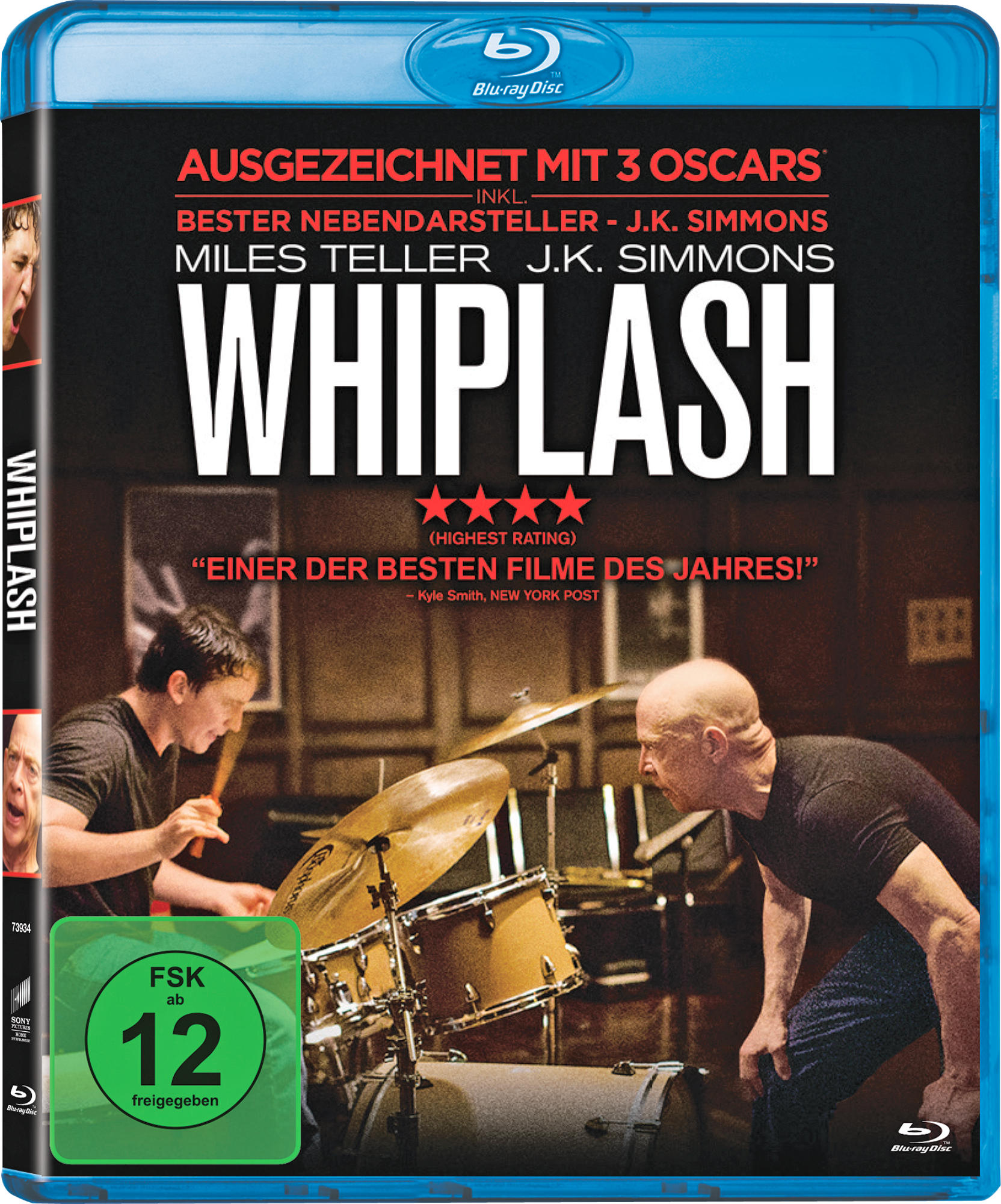 Whiplash Blu-ray-Cover. Zwei Männer spielen Schlagzeug, und ein Mann schaut zu. Der Filmtitel steht in großen, weißen Buchstaben.