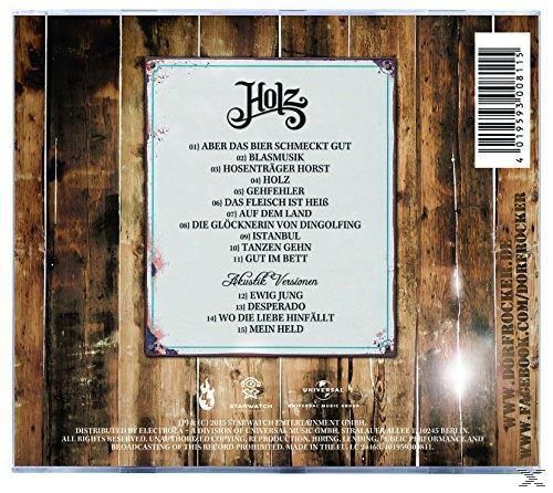 CD-Rückseite mit Titelliste auf Holzgrund. Ein Logo und Text befinden sich unten.