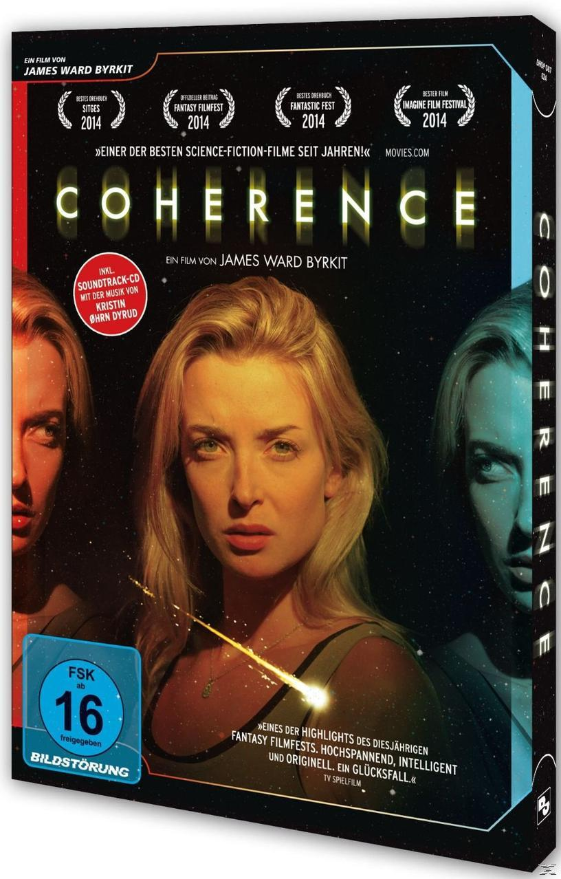 DVD-Cover für 'Coherence' mit drei Frauen. Das Cover enthält Auszeichnungen und Text in mehreren Sprachen.