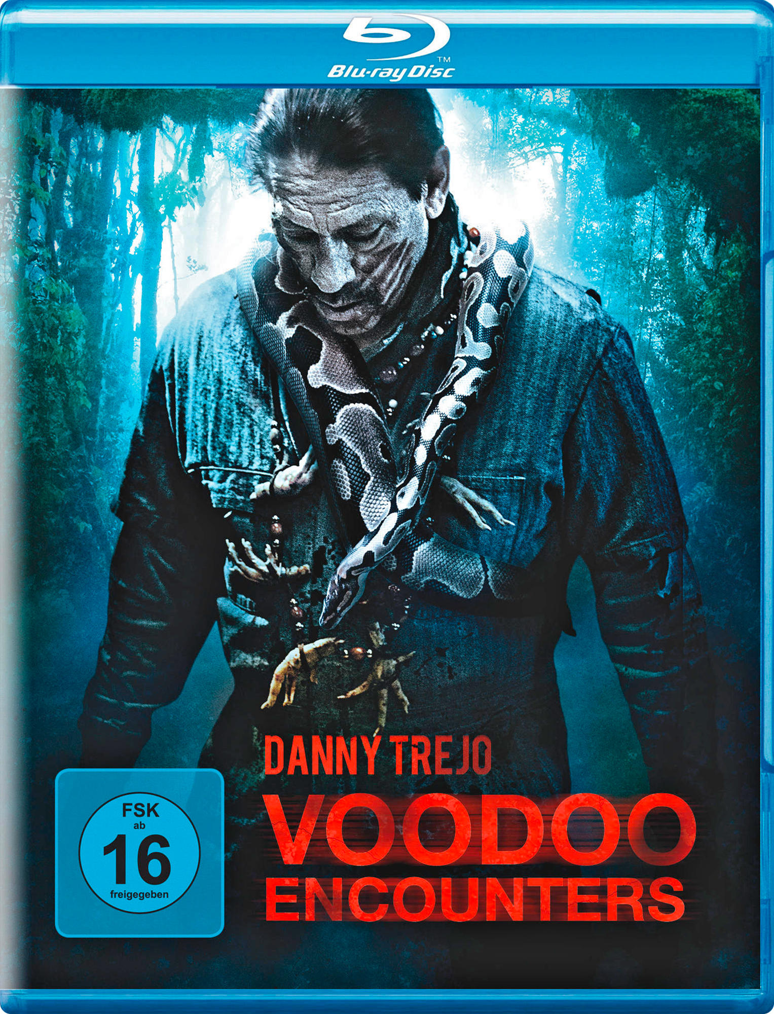Ein Blu-ray-Cover mit Danny Trejo und einer Schlange. Filmtitel: Voodoo Encounters.