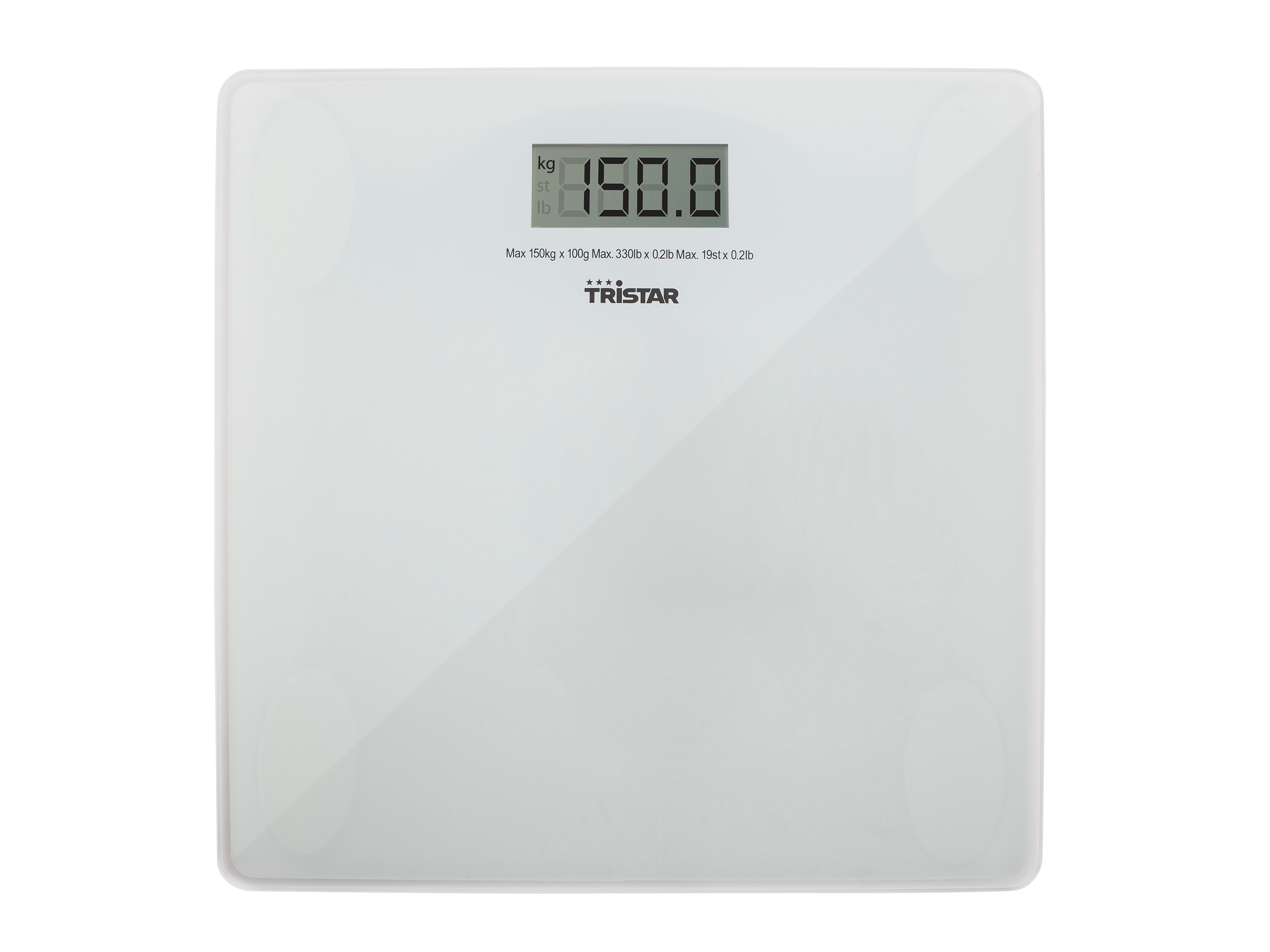 Weiße Digitalwaage mit schwarzer Anzeige. Zeigt 150,0 kg. Hat Tristar-Logo und Text.