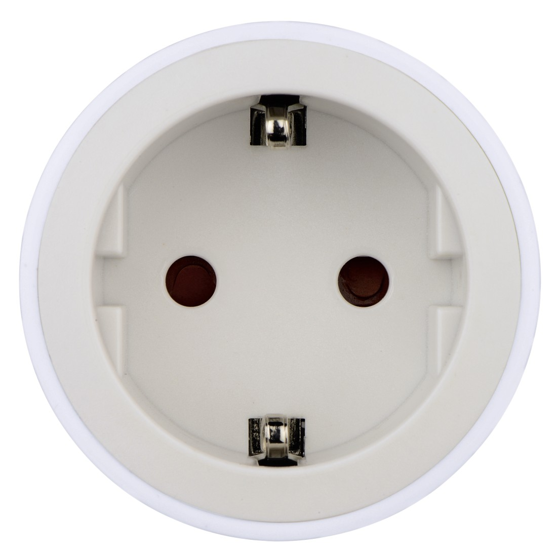 Witte wandcontactdoos met twee gaten en metalen pinnen, wit cirkelvormig frame.
