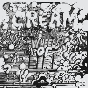 Albumcover für Cream's Wheels of Fire. Schwarz-Weiß-Artwork mit abstrakten Formen und Text.