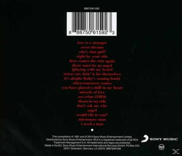 Schwarzer Hintergrund mit roten Songtiteln und einem Barcode.