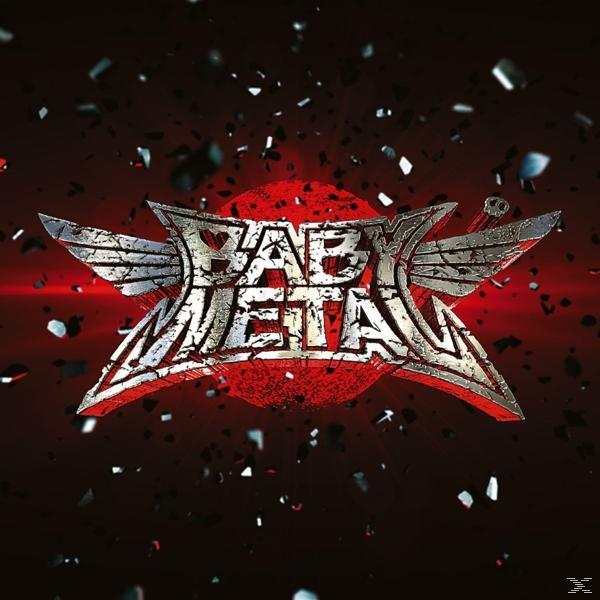 BABYMETAL-Logo in Rot und Silber, mit rotem Hintergrund und schwarzen Scherben.