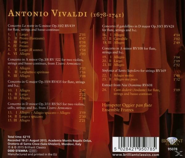 CD-Cover, orangefarbener Hintergrund mit Noten, Namen Antonio Vivaldi und Auflistung von Musikkompositionen.
