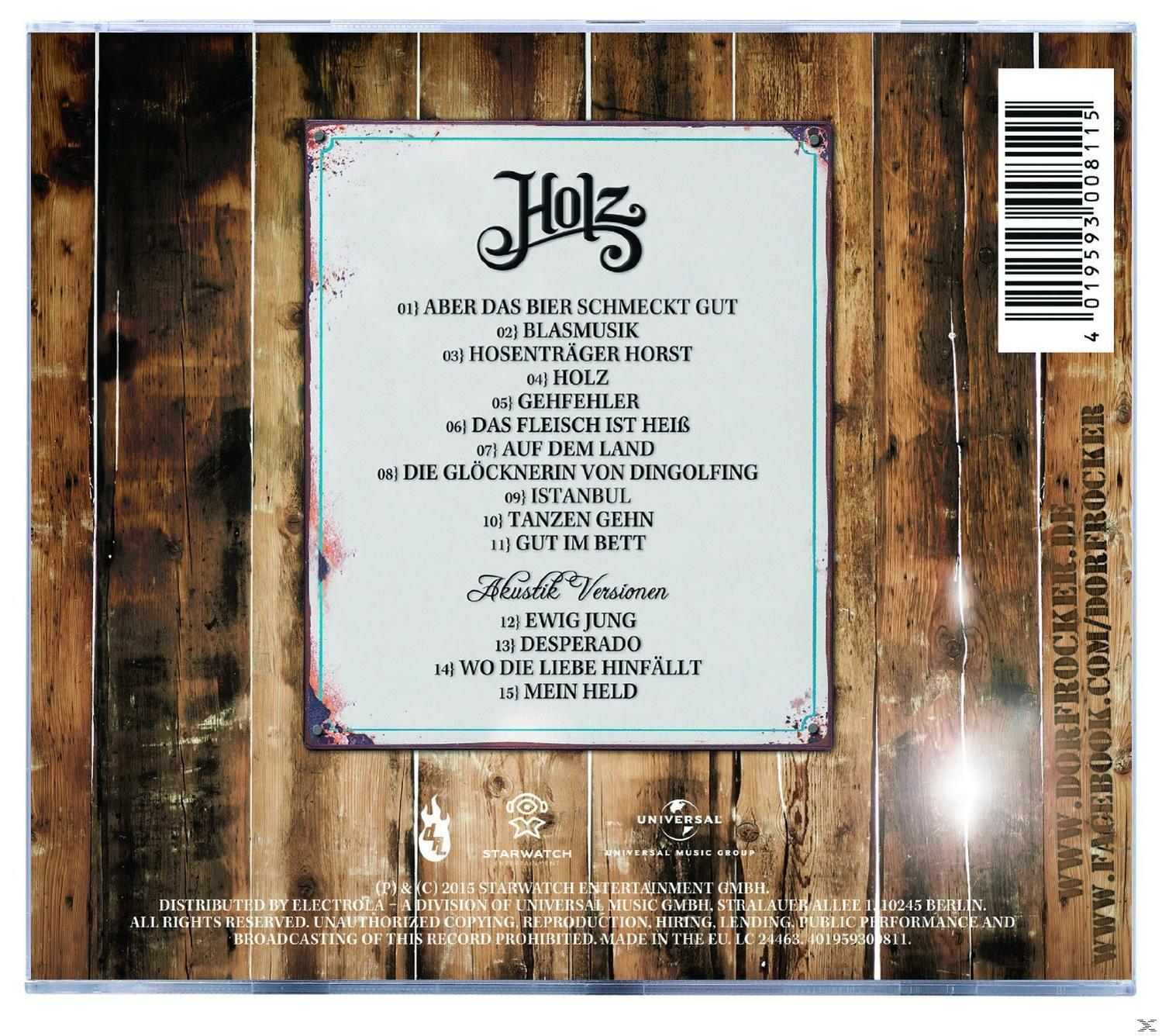 Die Rückseite einer CD mit Songtiteln und Details. Der Hintergrund ist aus Holz.