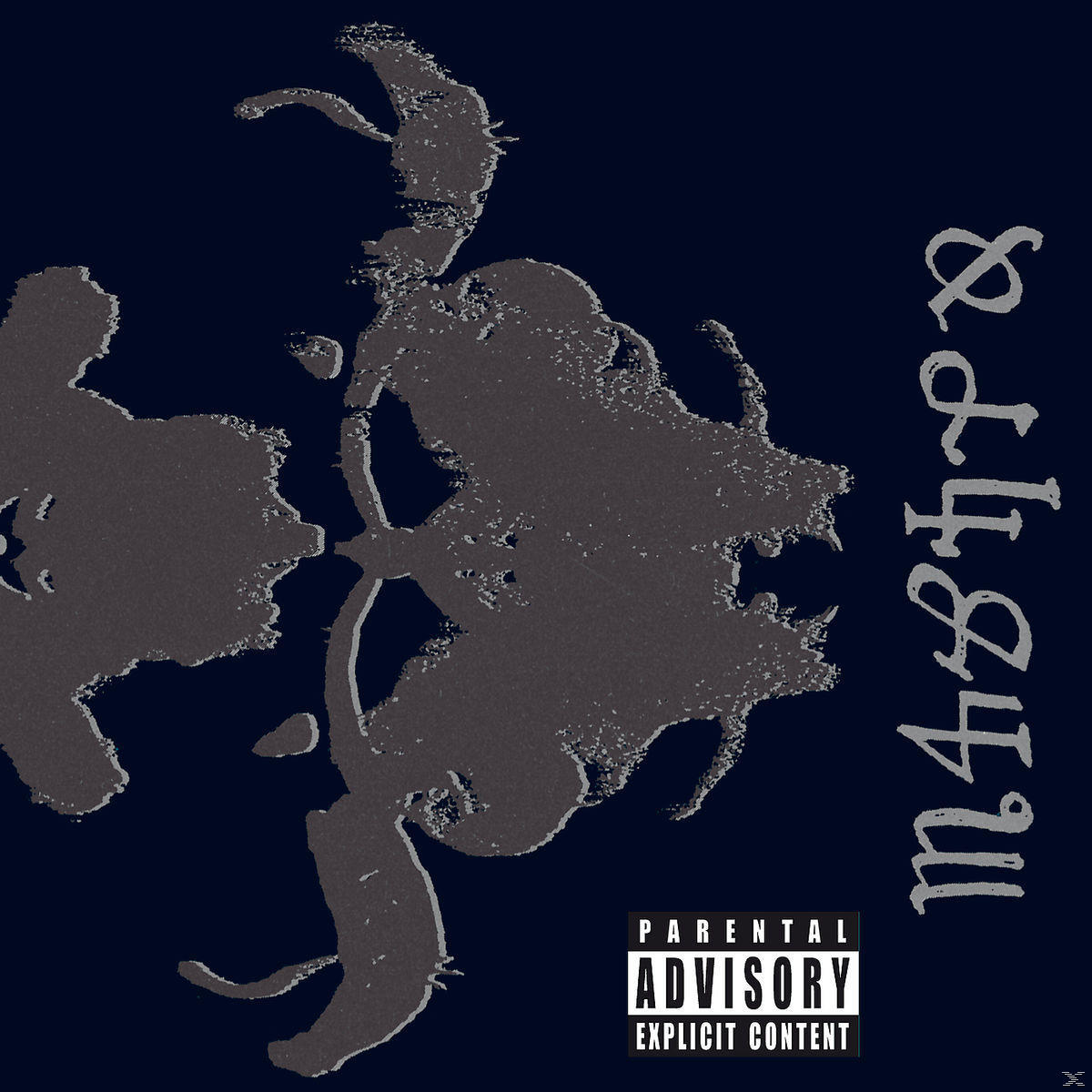 Albumcover mit abstrakten grauen Formen auf dunkelblauem Hintergrund. Parental Advisory Label vorhanden.