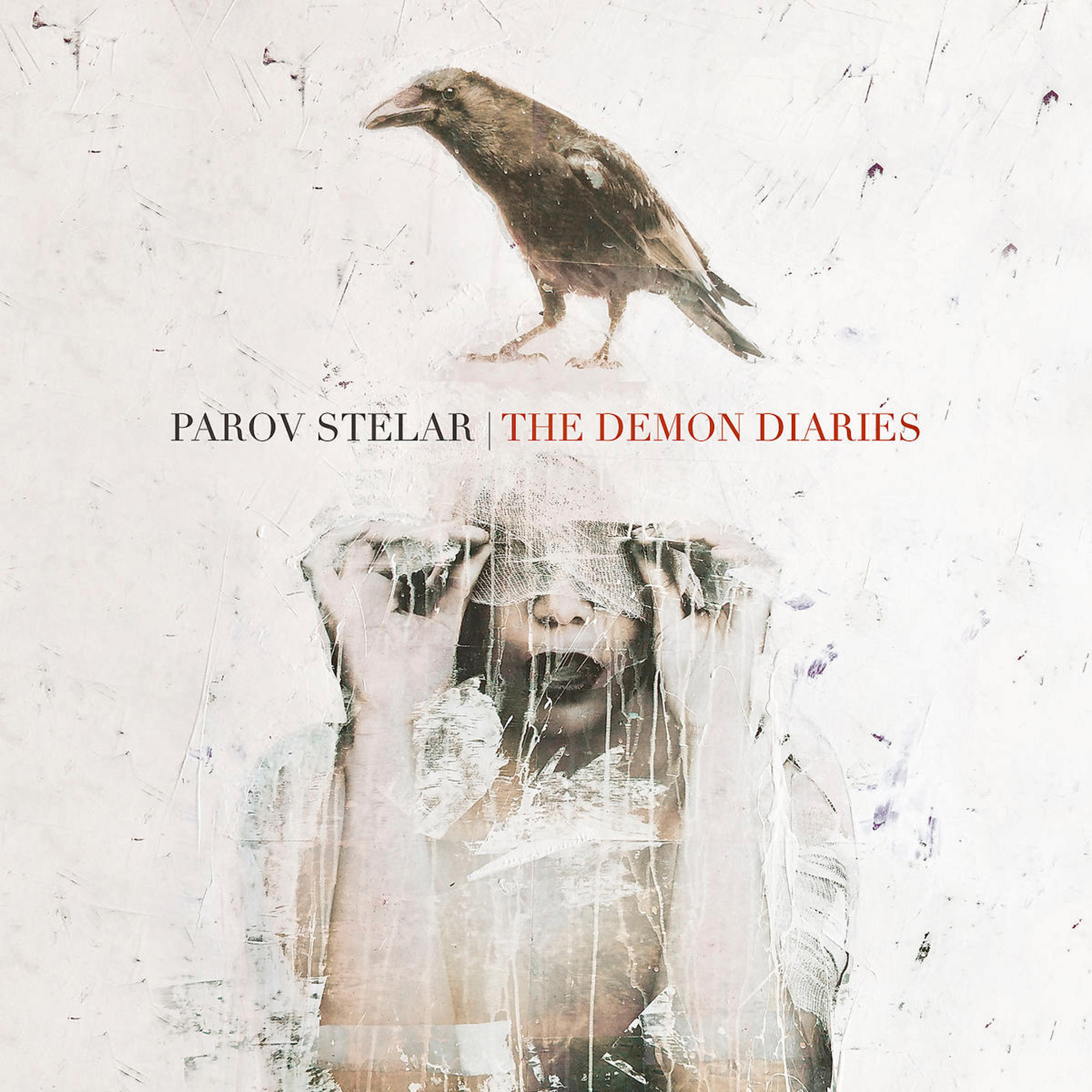 Albumcover mit einer Krähe oben. Das Gesicht einer Frau ist bedeckt, und der Titel ist 'The Demon Diaries'.