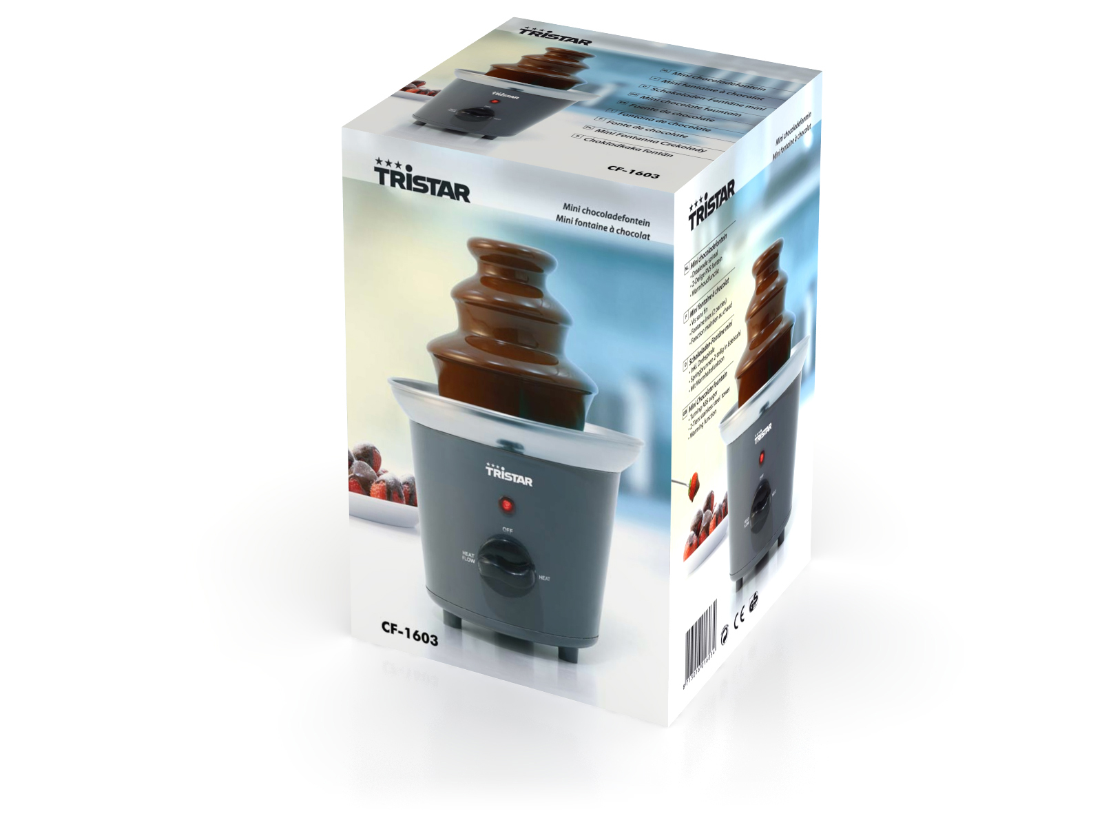 Fontana di cioccolato in scatola. Cioccolato marrone scorre dall'alto. Base grigia con testo e sfondo bianco.