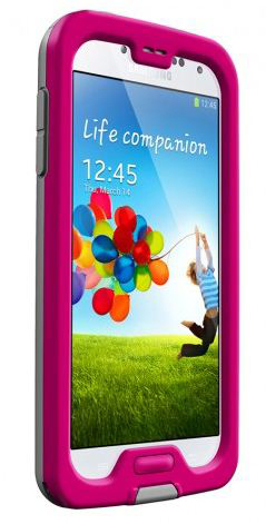 Roze en grijze telefoonhoes met springend kind op het scherm.