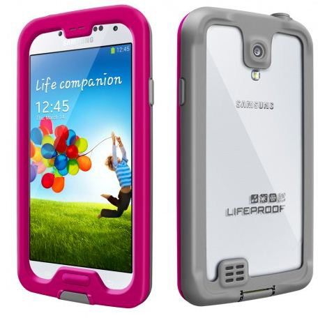 Roze en grijze telefoonhoes voor een Samsung-telefoon. Toont een telefoon met een persoon die in water springt.