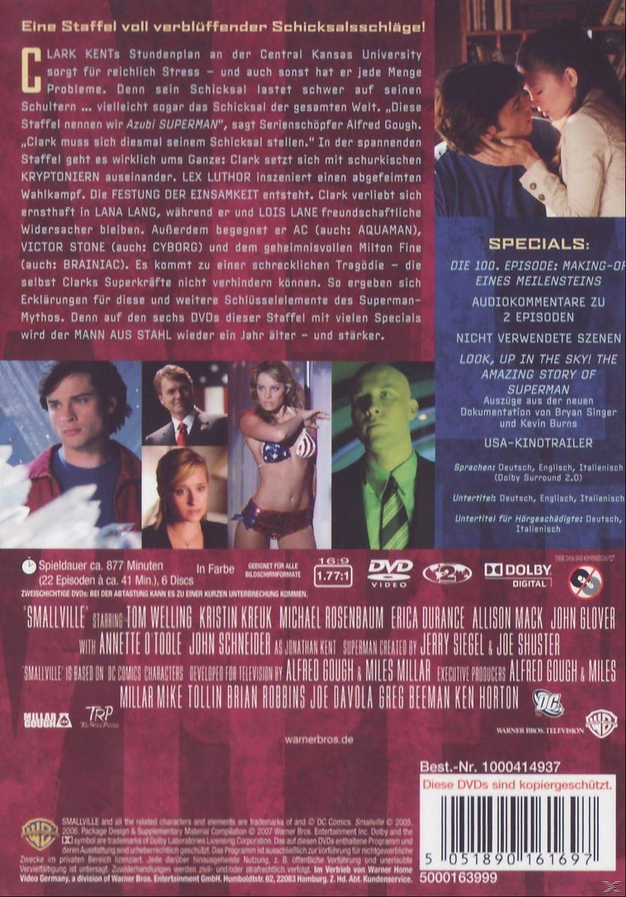 DVD-Cover für die Serie Smallville. Enthält Fotos der Besetzung und Text über den Inhalt der Show und Episodendetails.