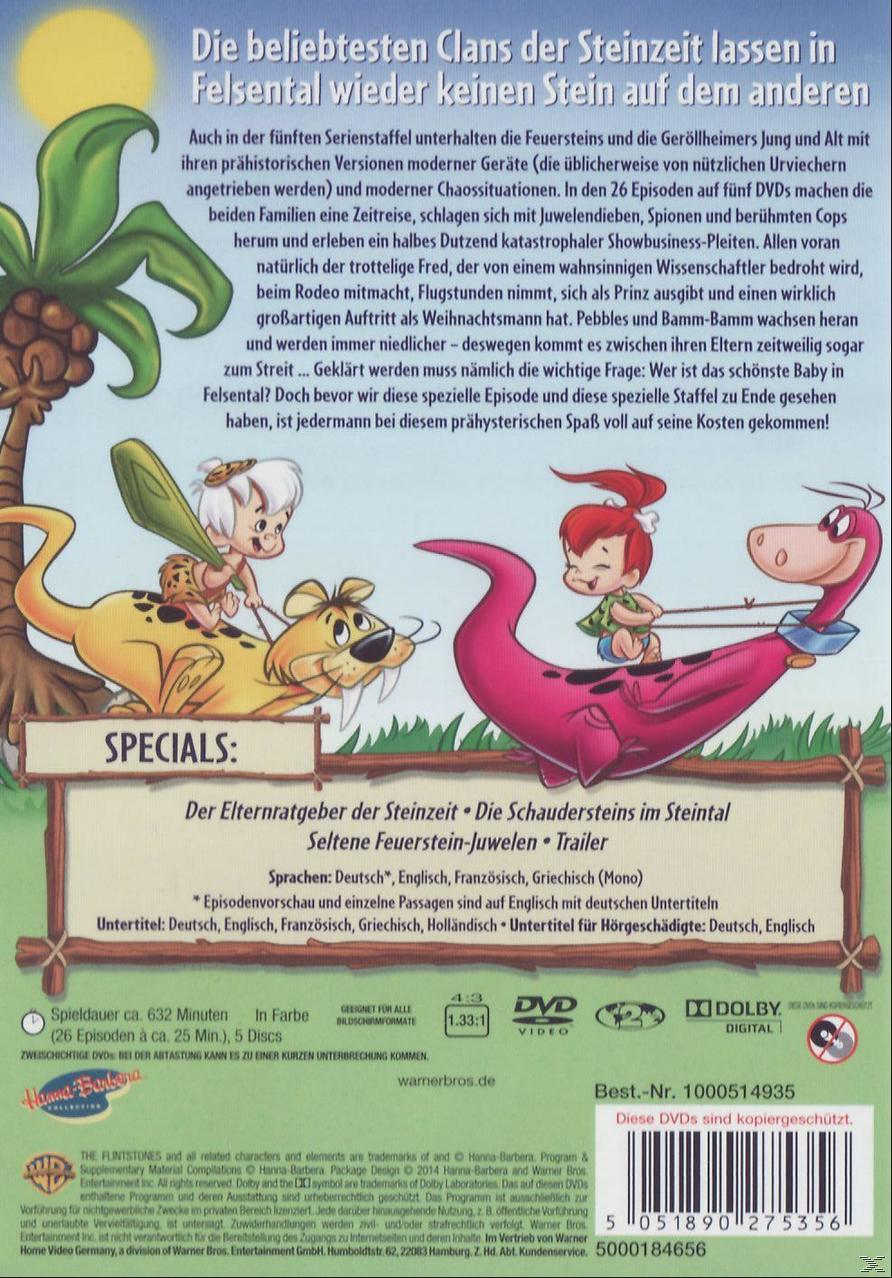 DVD-Rückseite mit Zeichentrickfiguren, darunter Fred, Barney und ein Dinosaurier.