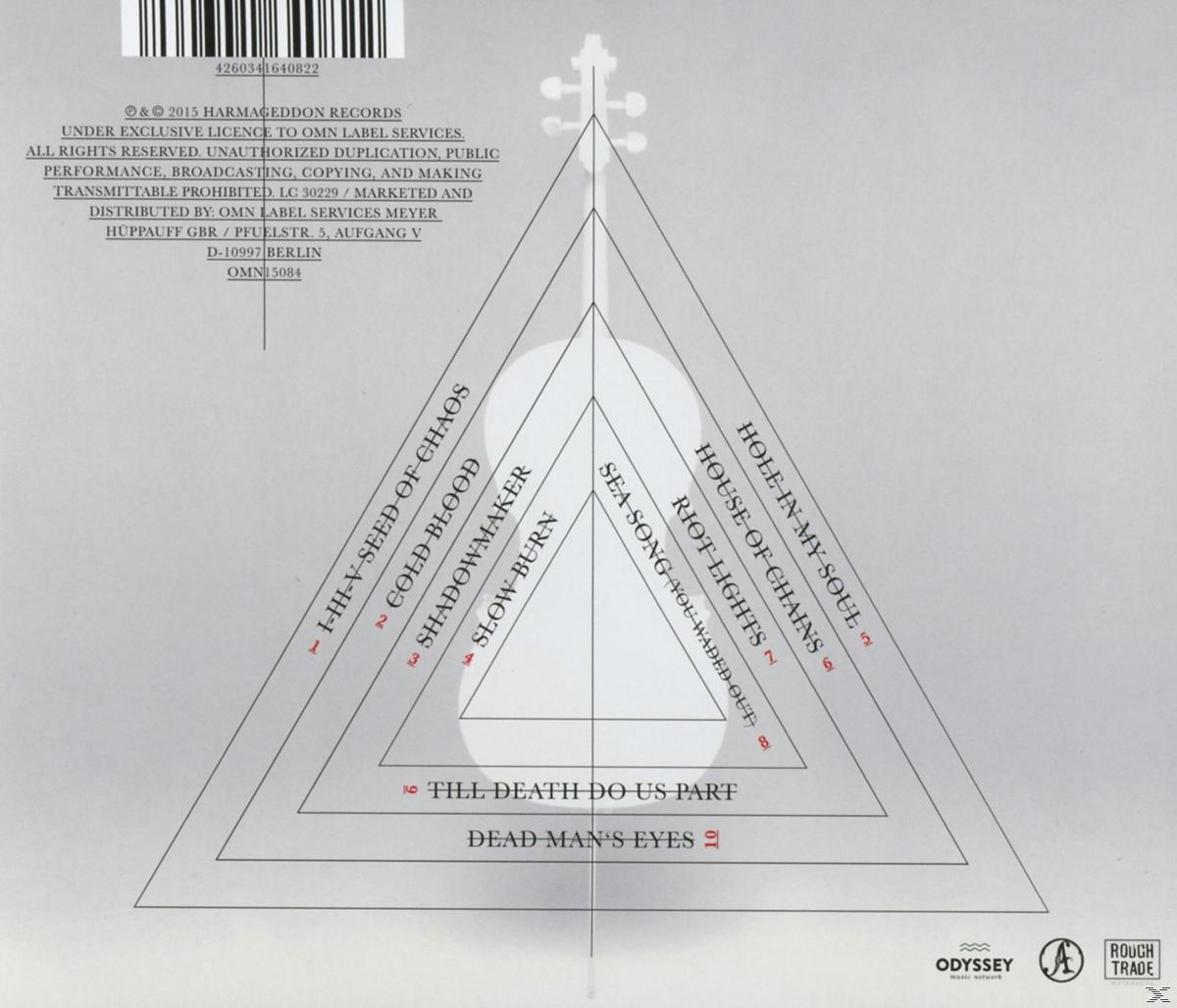 Rückseite eines CD-Covers, weißes Dreieck mit Geigenform. Titel sind an den Seiten aufgelistet.