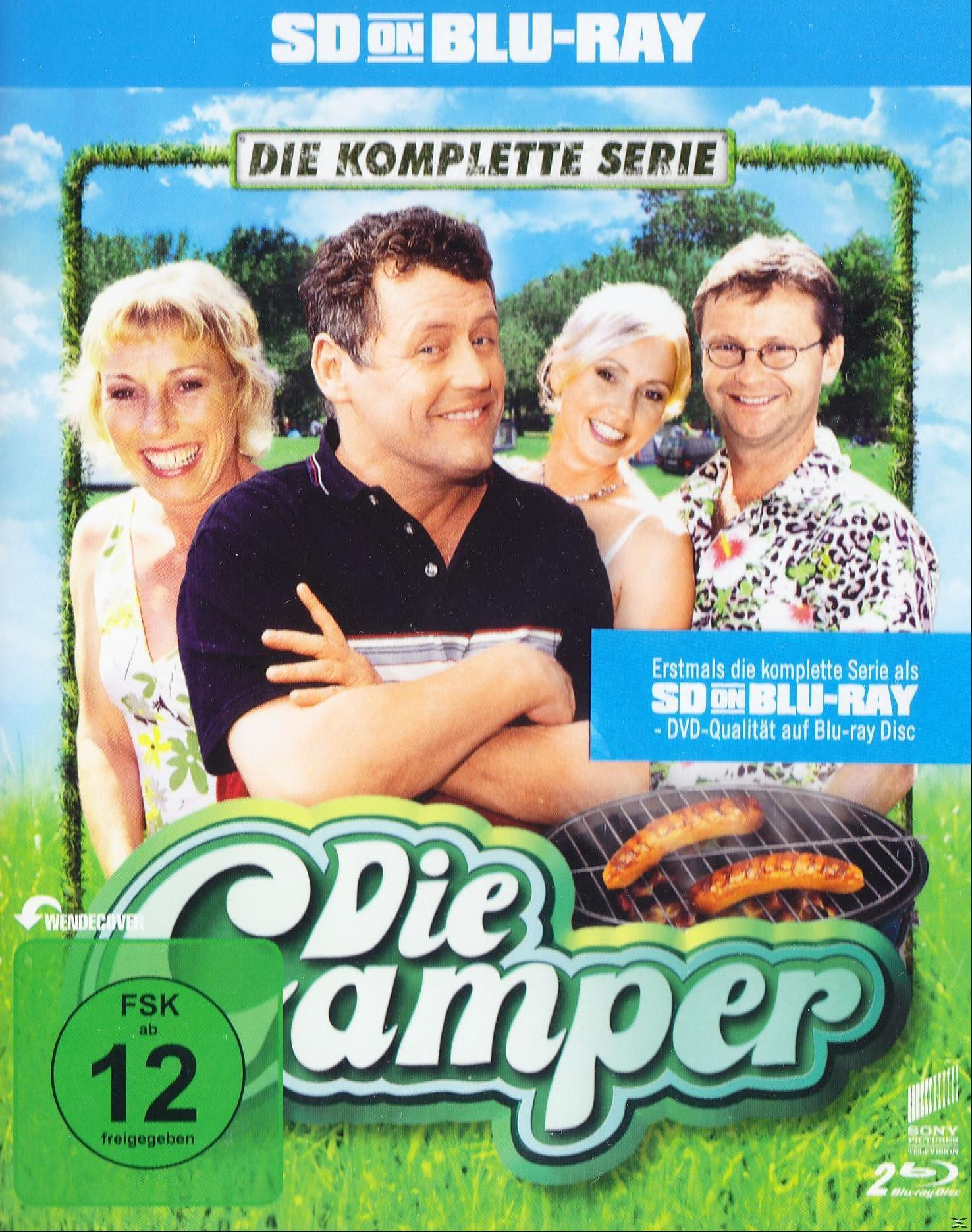 DVD-Cover für 'Die Camper', mit vier Personen und einer Grill-Szene.
