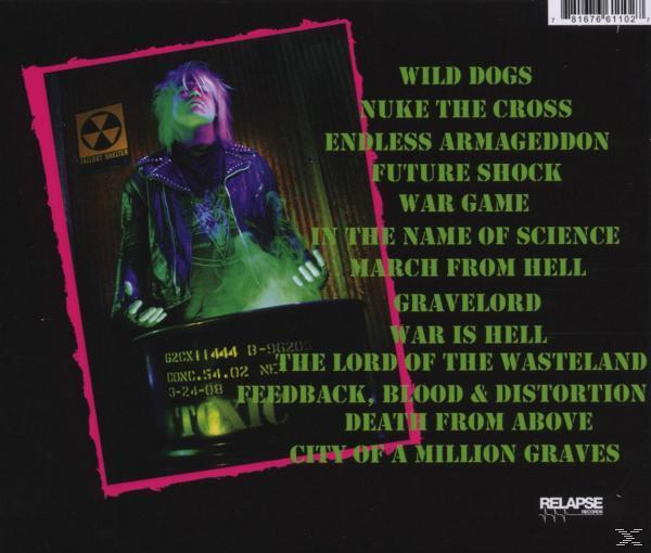 Albumcover mit einem Mann, einem Giftmüllfass und Titelliste.