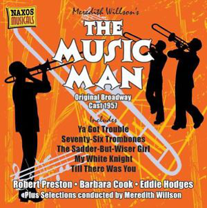 Album borító: The Music Man. Zenei hangjegyek és zenészek sziluettjei.