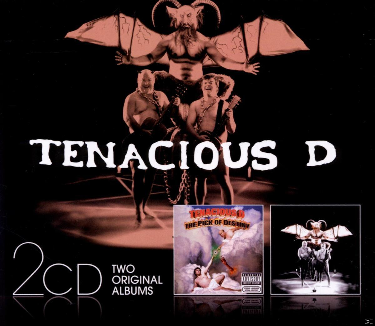 Albumcover von Tenacious D. Zwei Albumcover mit der Band. Eine Dämonenfigur oben drauf.