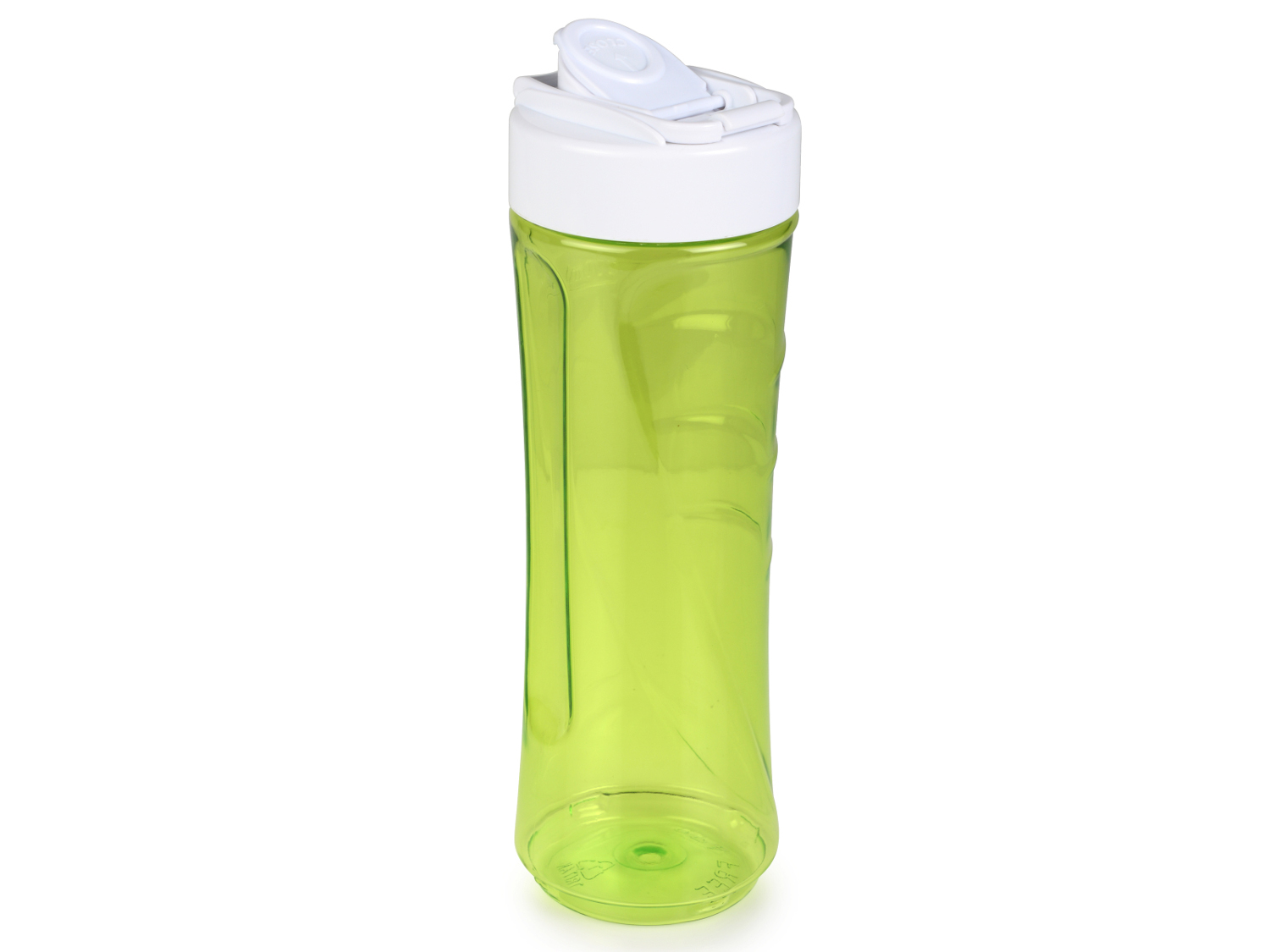 Grüne Wasserflasche mit weißem Deckel. Die Flasche ist transparent. Der Hintergrund ist weiß.