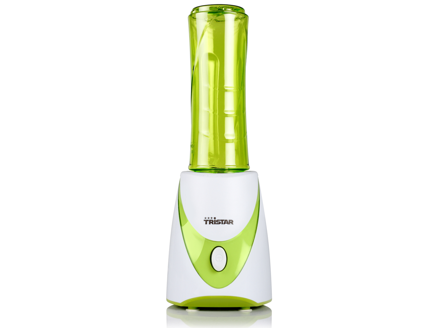 Weißer und grüner Mixer. Grüner Behälter oben. Weiße Basis mit einem grünen Knopf.