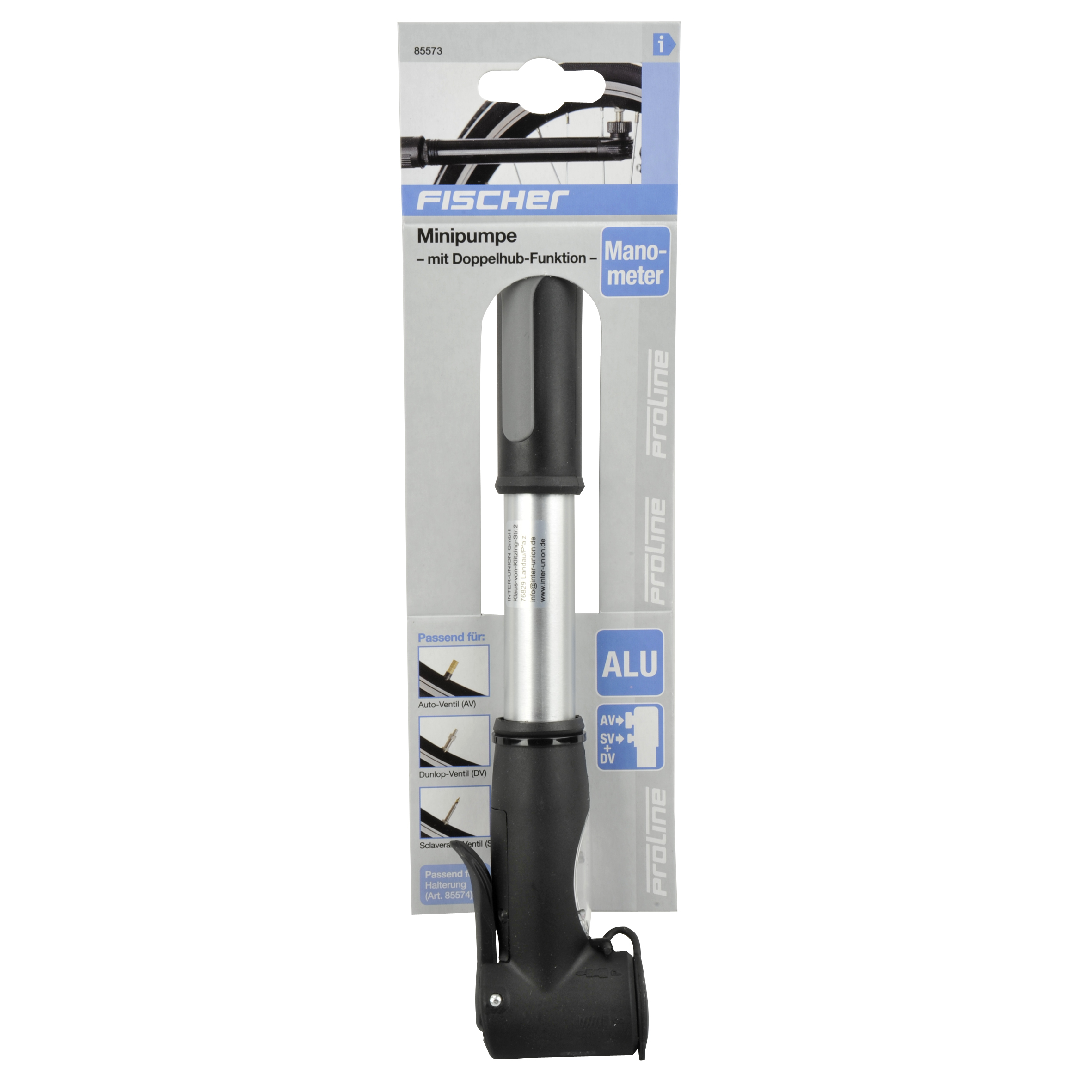 Schwarze und silberne Fahrradpumpe in Verpackung. Marke ist FISCHER. Die Verpackung zeigt Pumpenfunktionen und Diagramme.