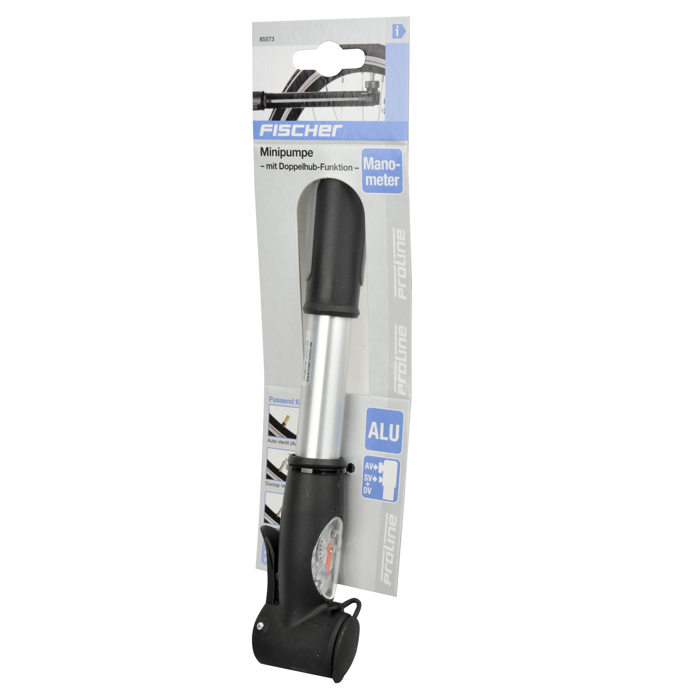 Eine FISCHER Minipumpe, schwarz und silber, mit Manometer. Das Produkt befindet sich auf einer Pappverpackung.