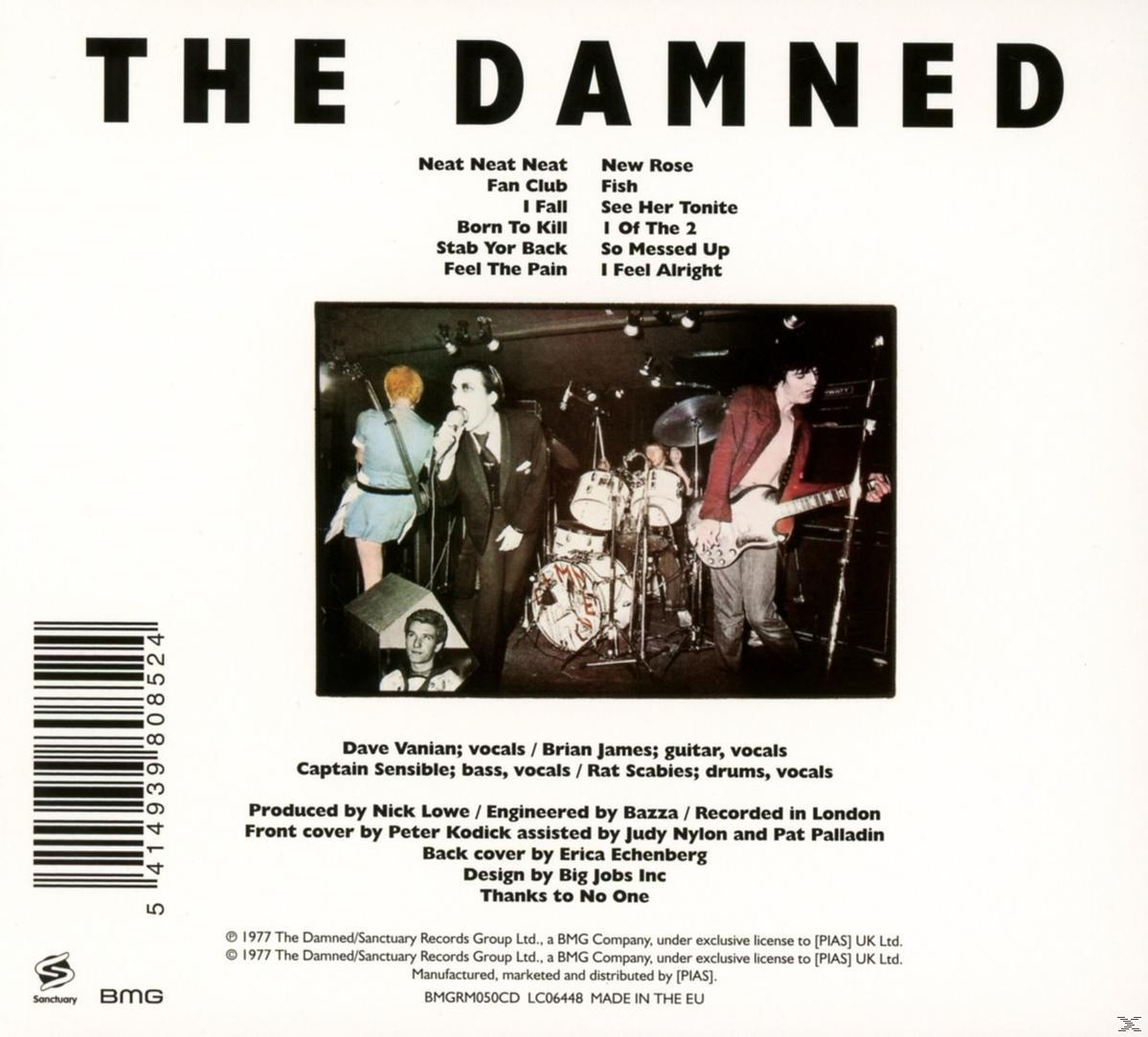 A The Damned album hátlapja. A zenekar tagjai, a számlista és a stáblista látható.