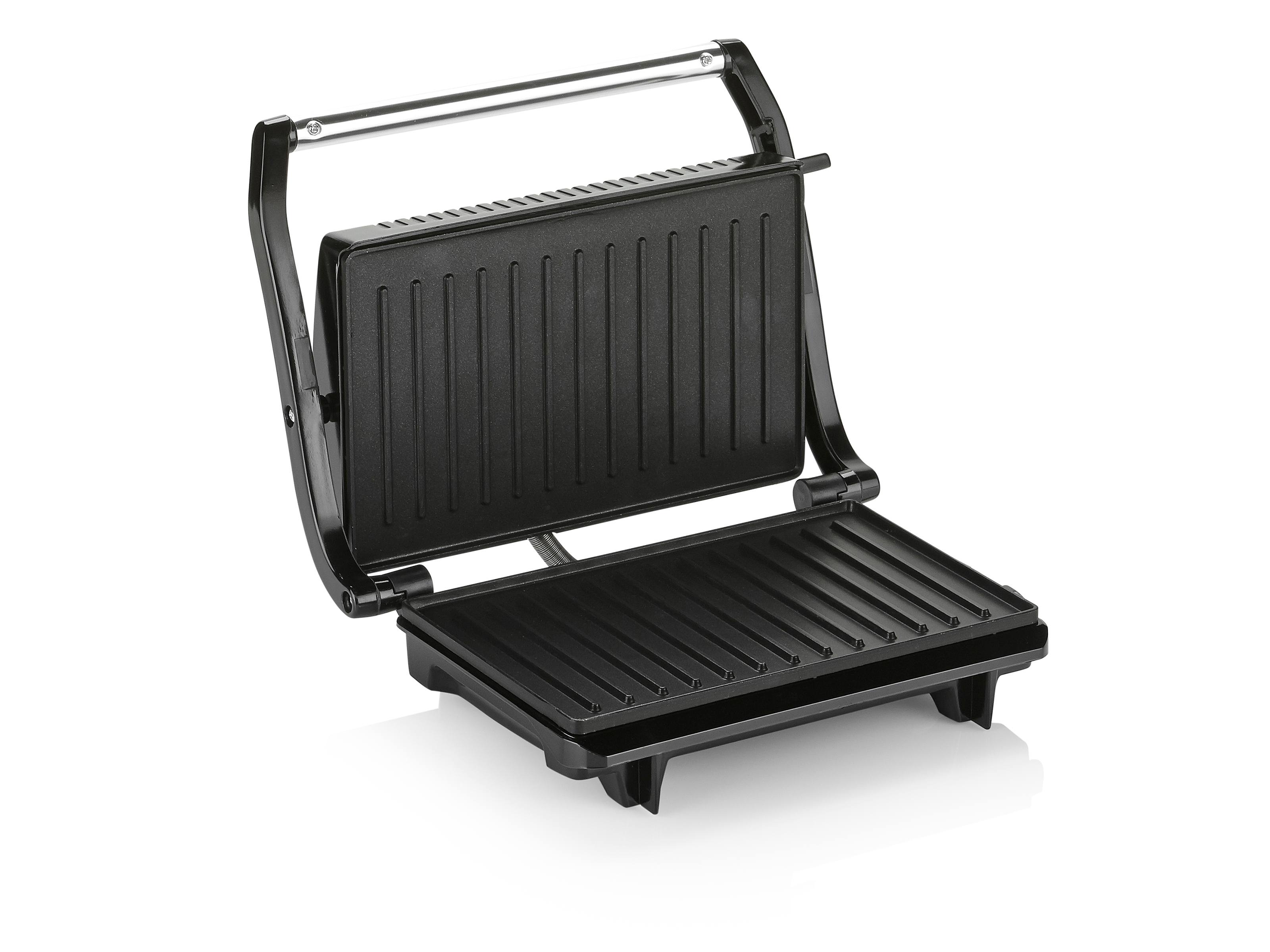 Schwarzer Panini-Grill, offen auf weißem Hintergrund.