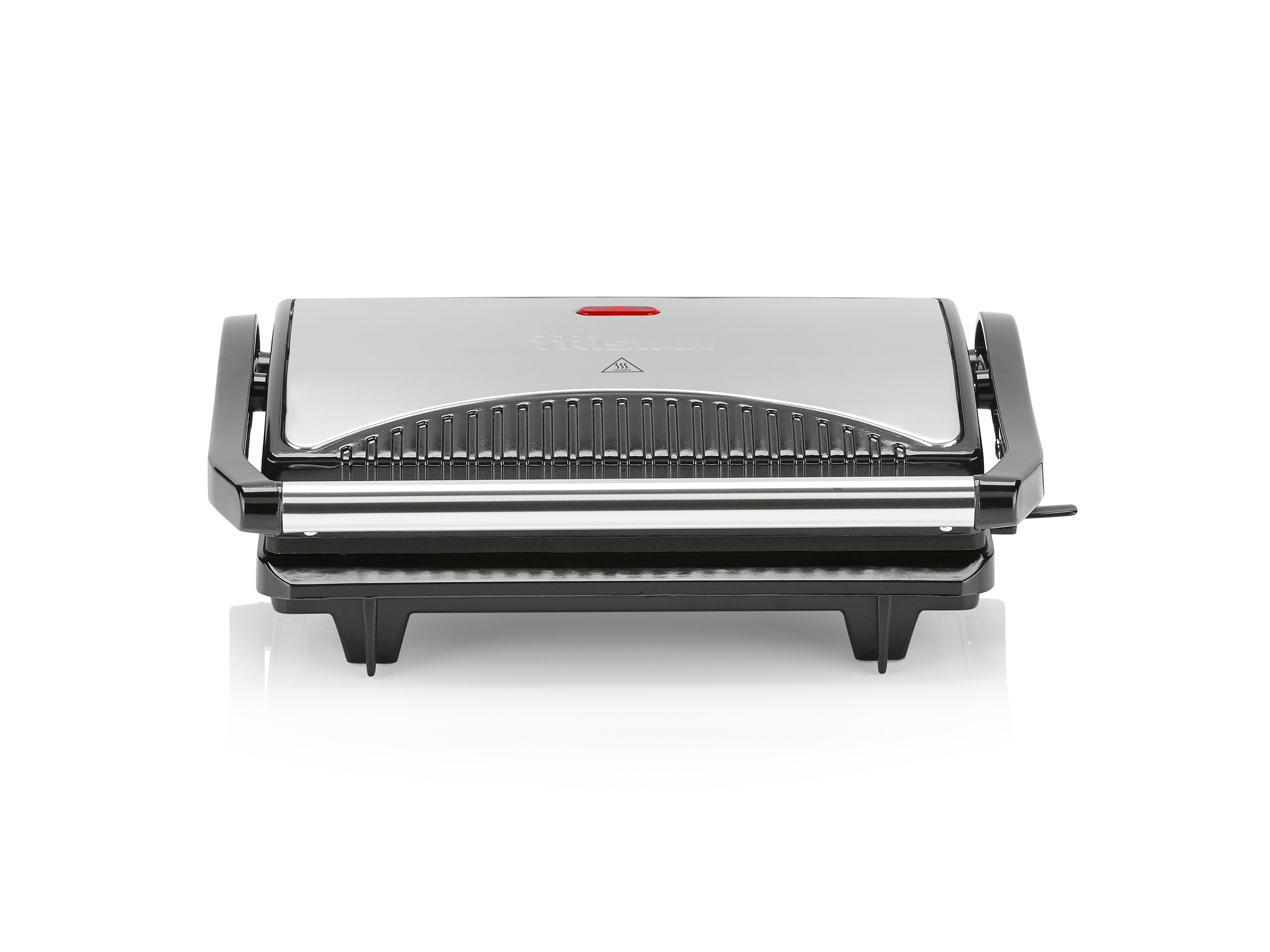 Silber-schwarzer Panini-Grill mit roter Betriebsanzeige oben.
