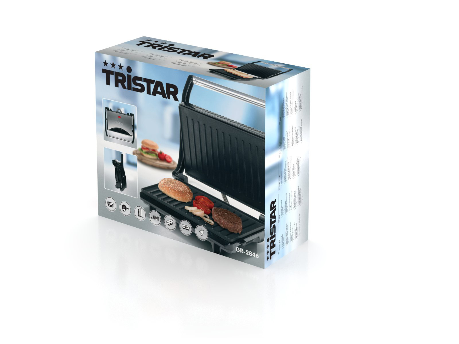 Box eines Tristar-Grills, die den Grill, Lebensmittel und eine schematische Darstellung zeigt.