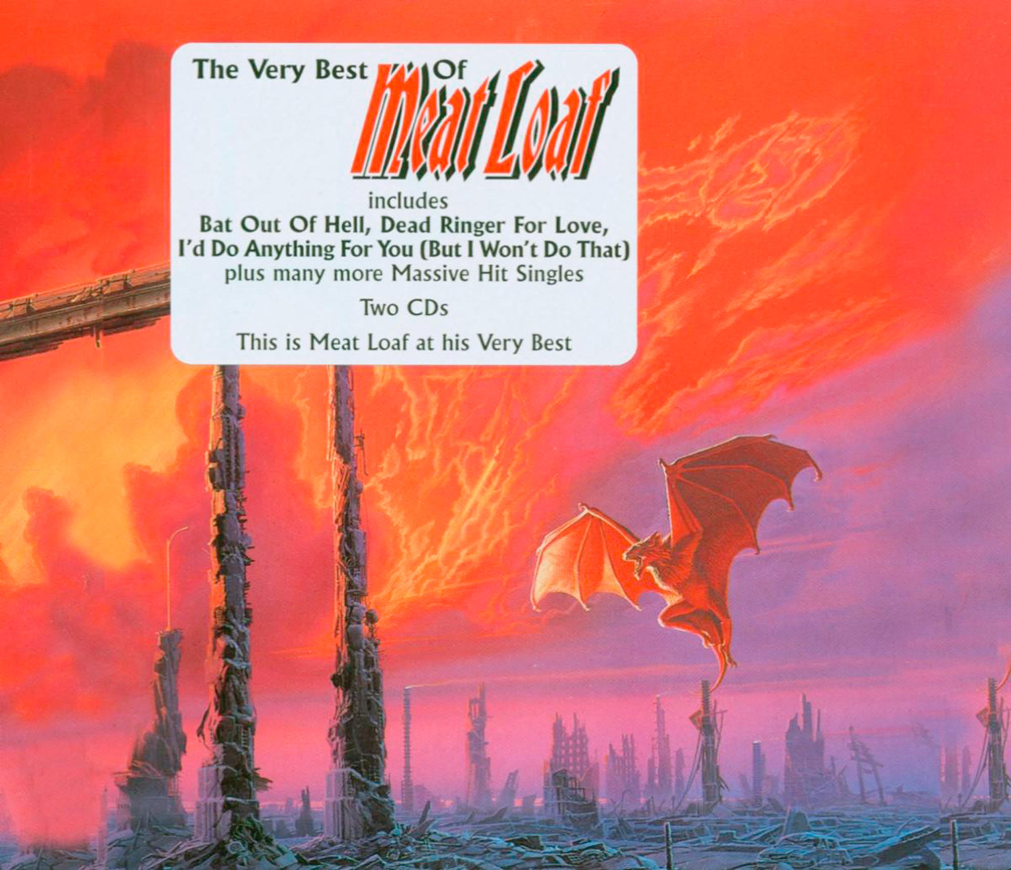 Albumcover: Fledermaus über brennender Stadt. Albumtitel 'The Very Best Of Meat Loaf'.