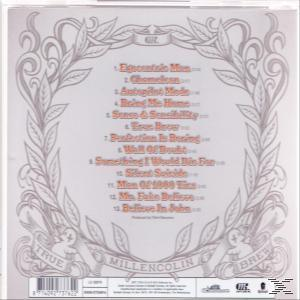 Album-Rückseite mit Trackliste, Blättern und Text. Weißer Hintergrund, teilweise auf Deutsch.