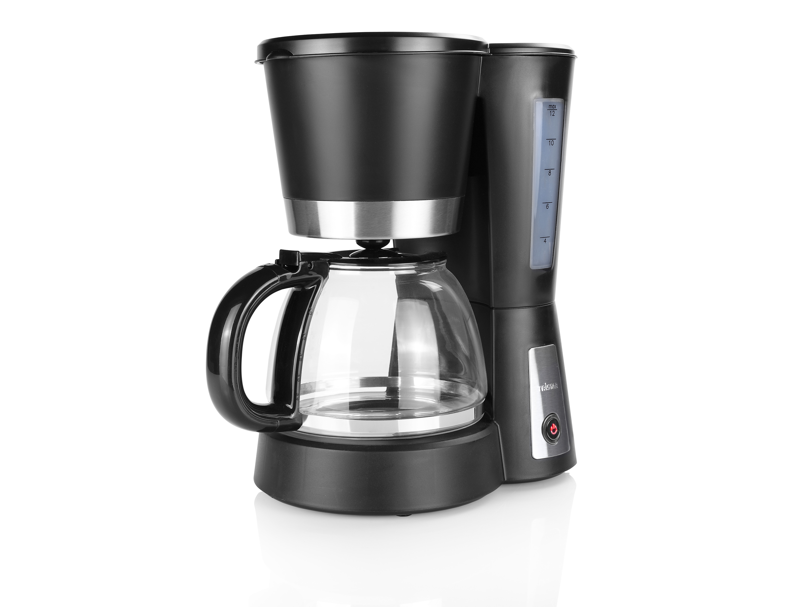 Schwarze Kaffeemaschine mit Glaskaraffe, Wasserstandsanzeige und Ein-Aus-Schalter.