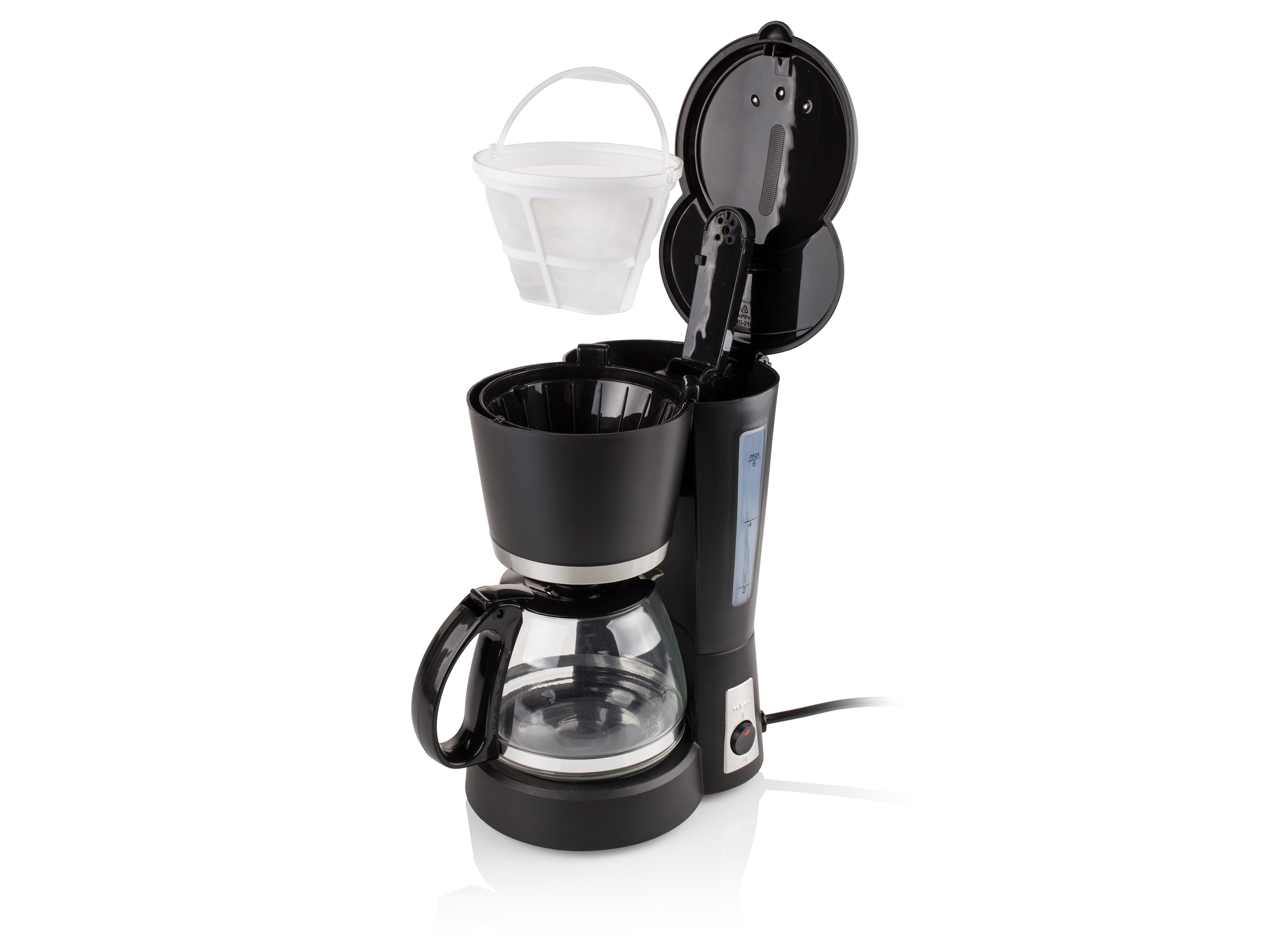 Schwarze Kaffeemaschine mit Glaskaraffe und weißem Filterkorb oben.