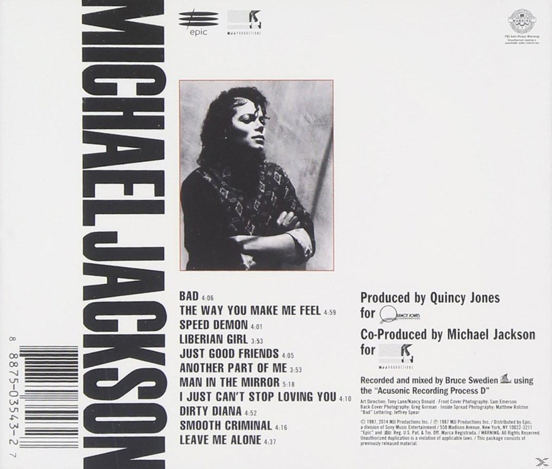 Achterkant van het album van Michael Jackson, met nummers en credits. Michael's afbeelding in het midden.