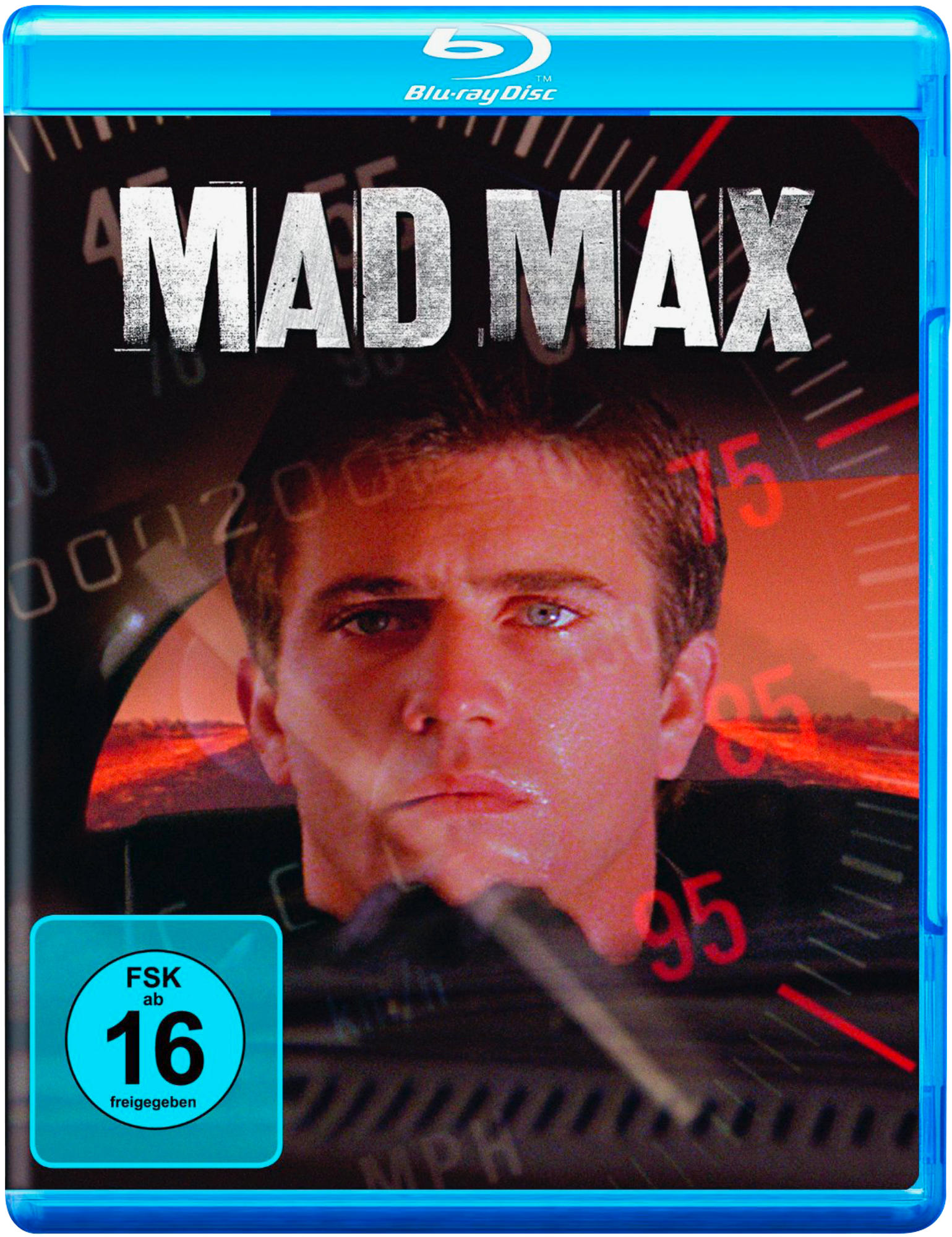 Blu-ray-Disc-Hülle von 'Mad Max' mit einem Männergesicht. Der Titel steht oben. Das Cover hat blaue und schwarze Töne.