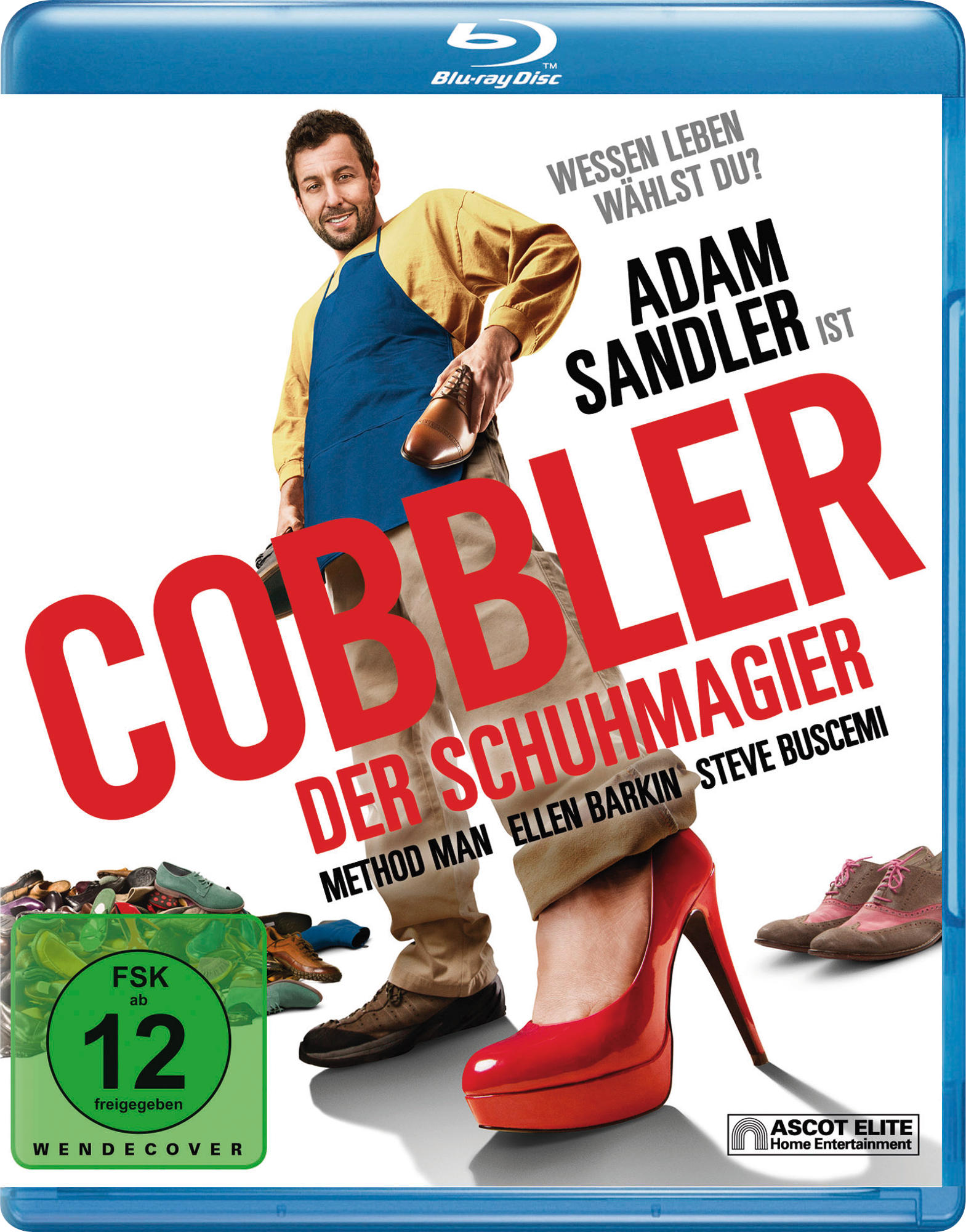 Filmcover mit Adam Sandler, einem roten High Heel und dem Titel 'COBBLER' in großen Buchstaben.