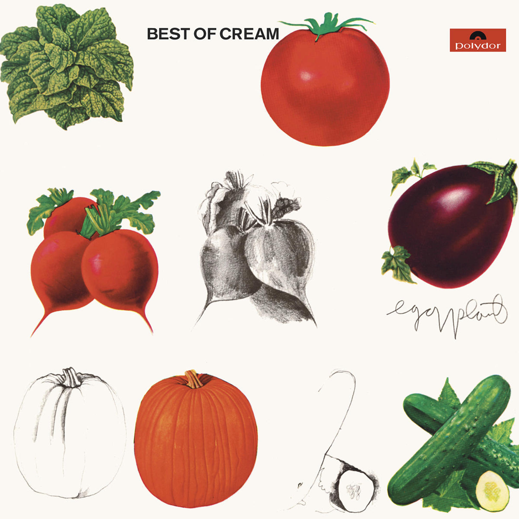 Pochette d'album avec divers fruits et légumes, avec le texte 'Best of Cream'.