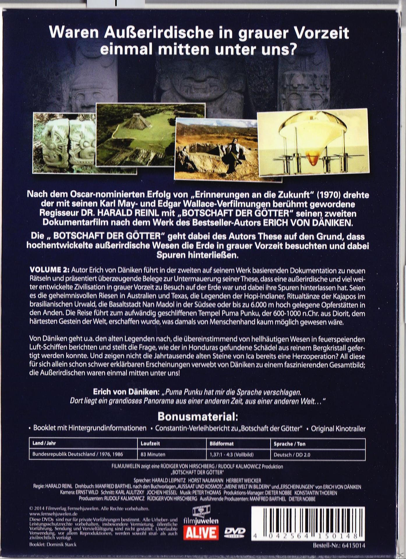 DVD-Rückseite. Text auf Deutsch und Bilder. Titel Die Botschaft der Götter.