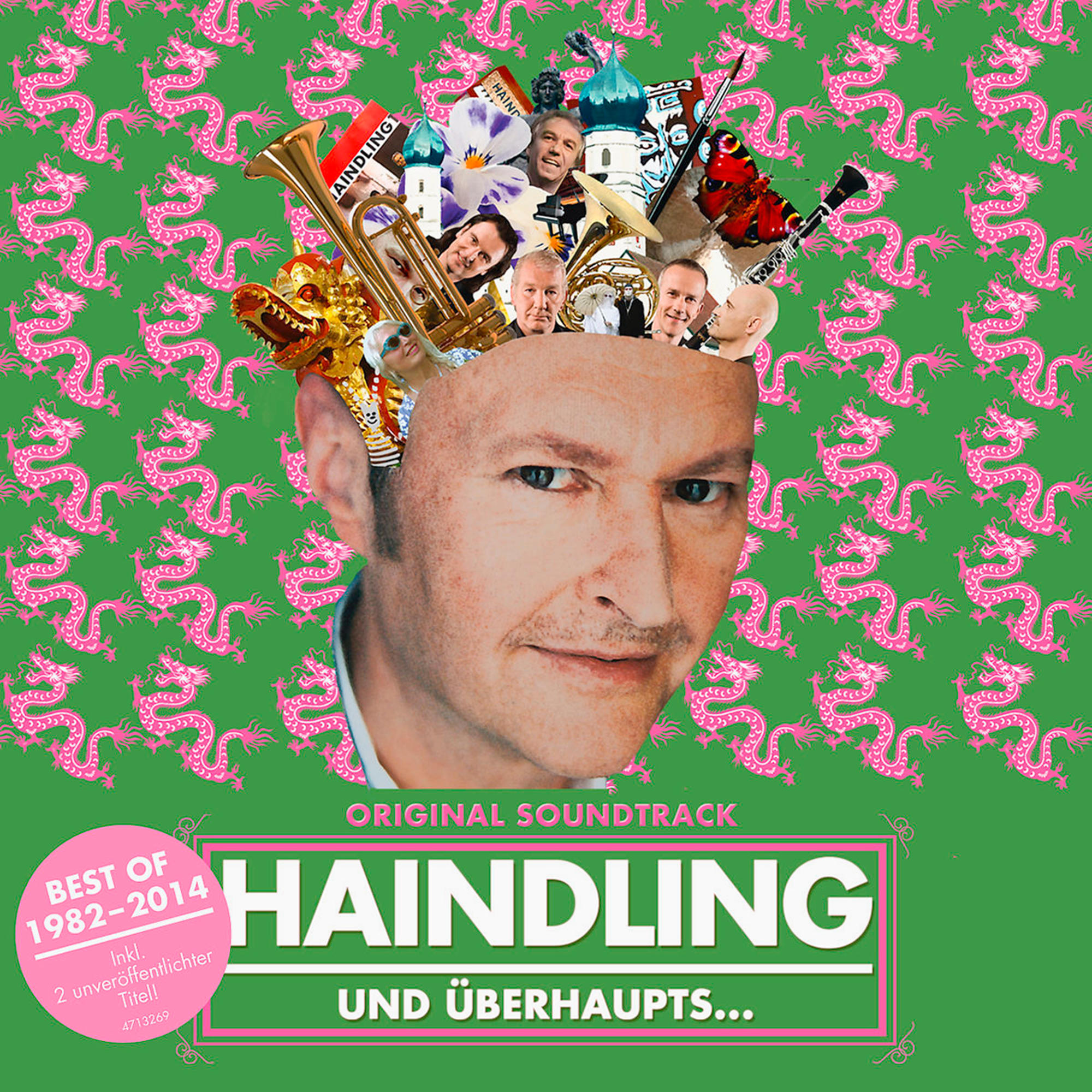 Albumcover: Gesicht mit Instrumenten und Cartoon-Hintergrund, mit Text.