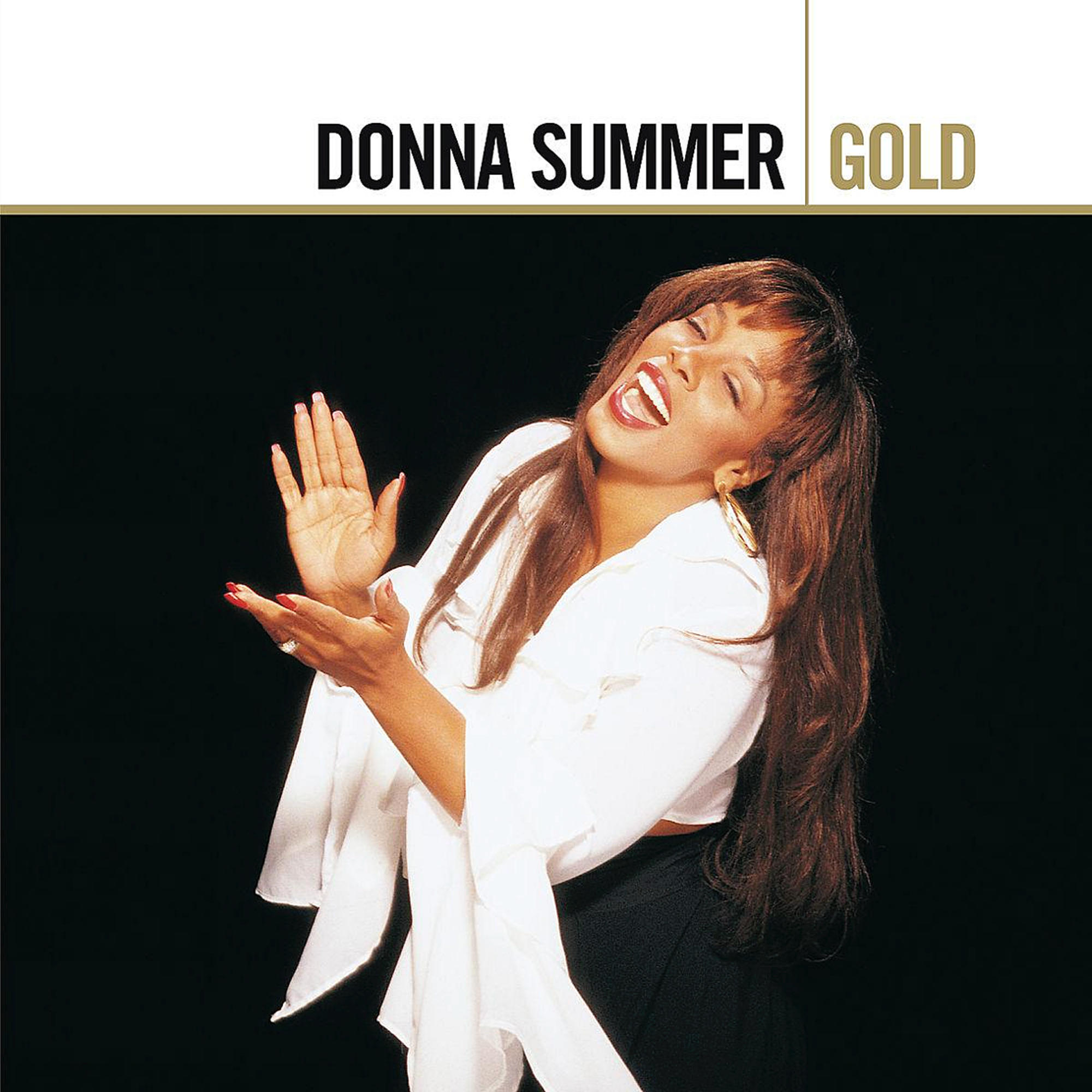 Albumcover von Donna Summer, lächelnd mit erhobenen Armen. Schwarzer Hintergrund.