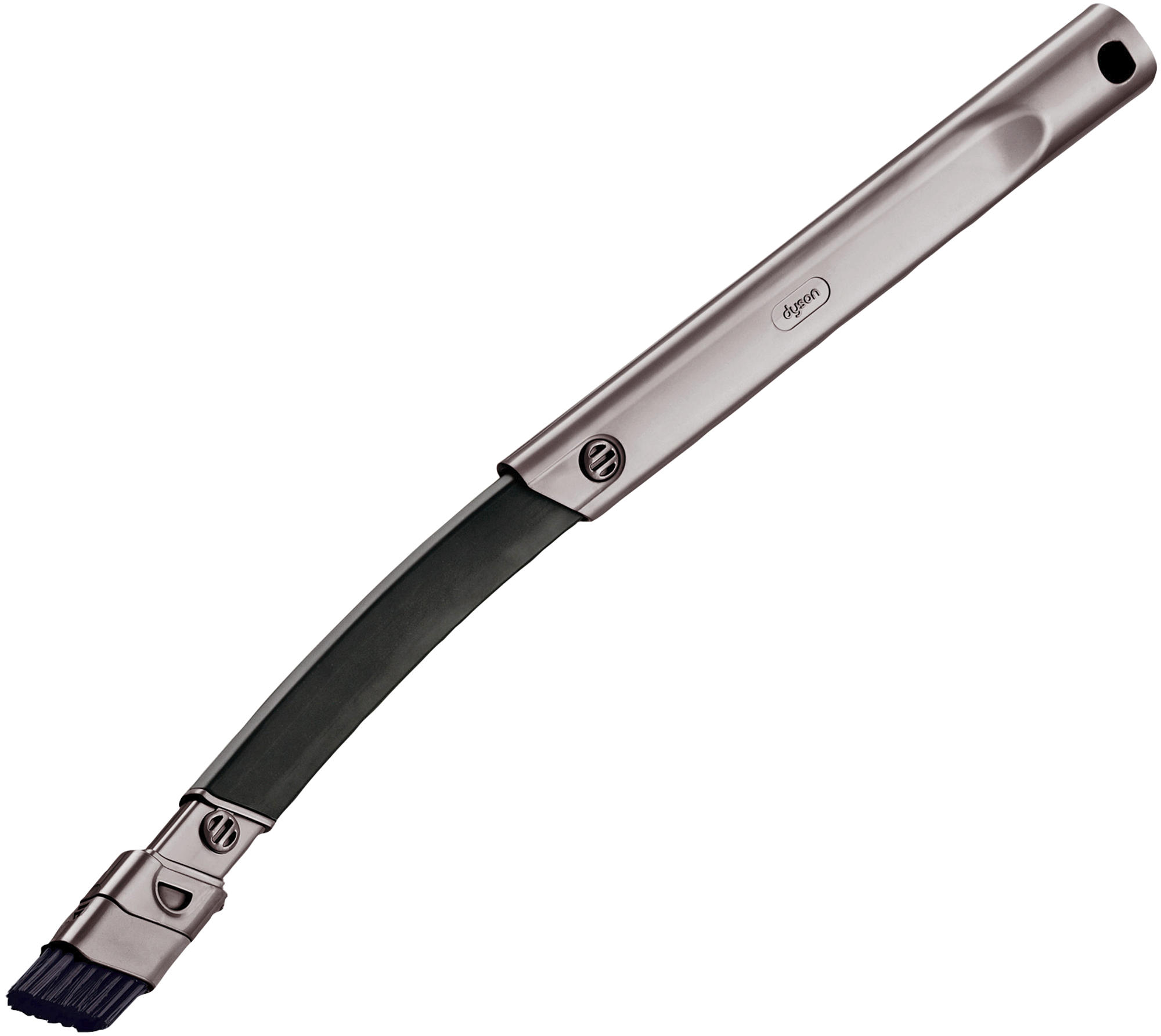Dyson-Reinigungswerkzeug. Silber und schwarz, gebogenes Design. Schwarzer Bürstenkopf.