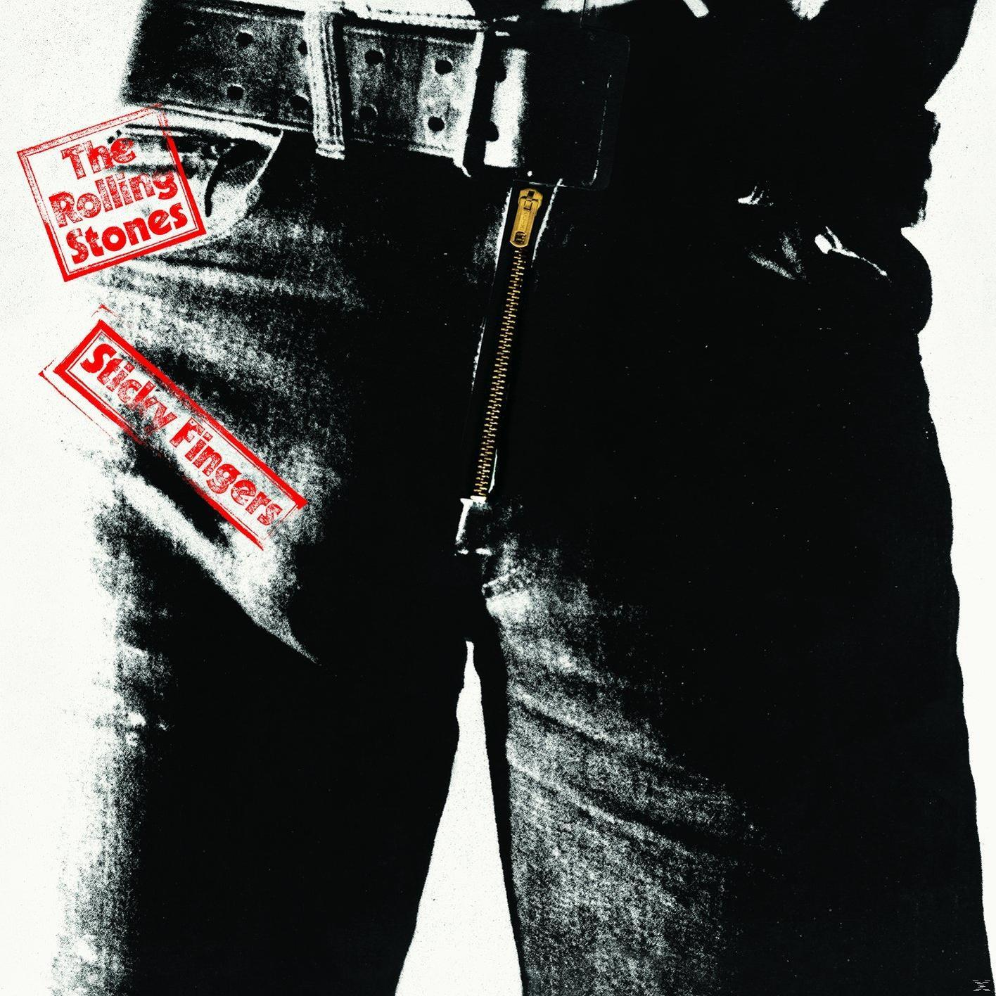 Rolling Stones Albumcover: Schwarz-Weiß-Foto von Jeans mit Reißverschluss. Roter Text: Sticky Fingers.