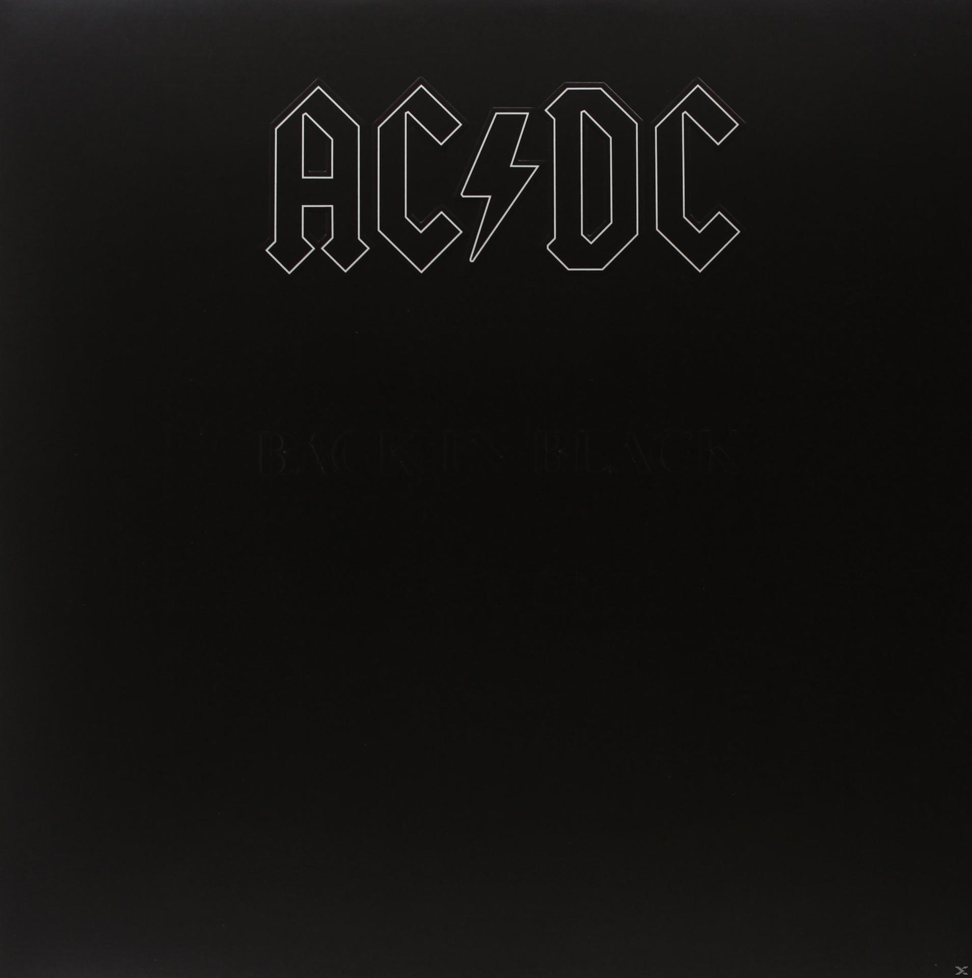 Albumhoes: Zwarte achtergrond met wit AC/DC-logo en tekst: Back in Black.