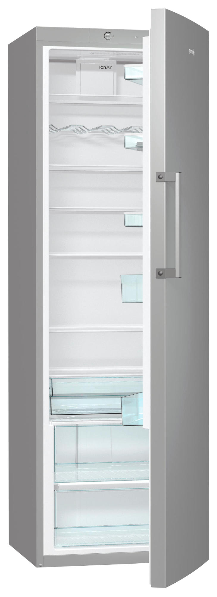Silberner Kühlschrank mit offener Tür, zeigt Regale und Schubladen. Klares Innere, IonAir-Label.