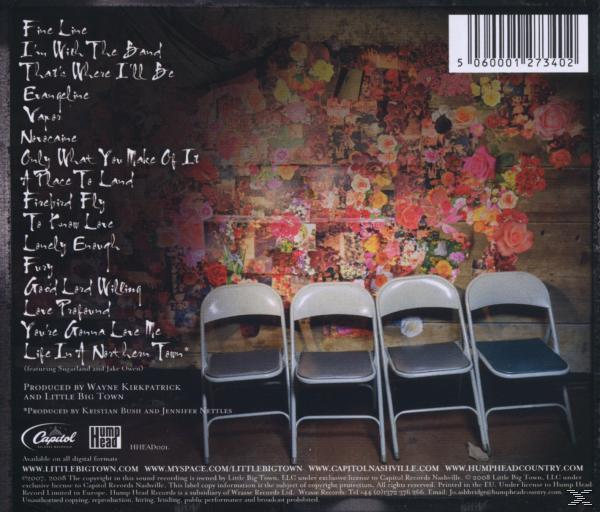 Rückseite eines Albumcovers mit Songtiteln, floralem Hintergrund und Stühlen.