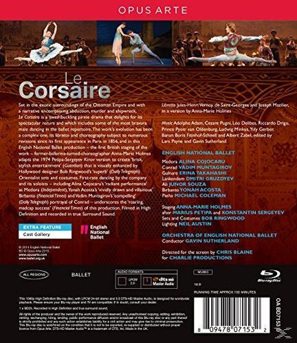 Rückseite der Le Corsaire Ballett-DVD. Zeigt Tänzer, Text und Besetzungsinformationen. Tiefblaues und weißes Farbschema.