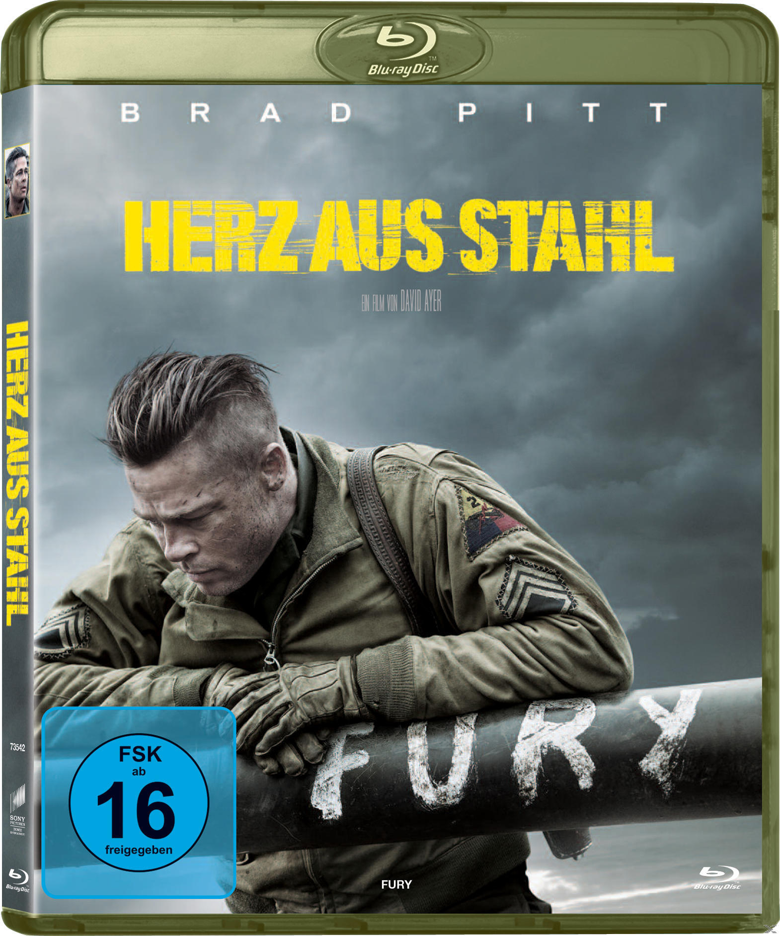 Filmcover von 'Herz aus Stahl' mit Brad Pitt, Panzer und bewölktem Himmel.